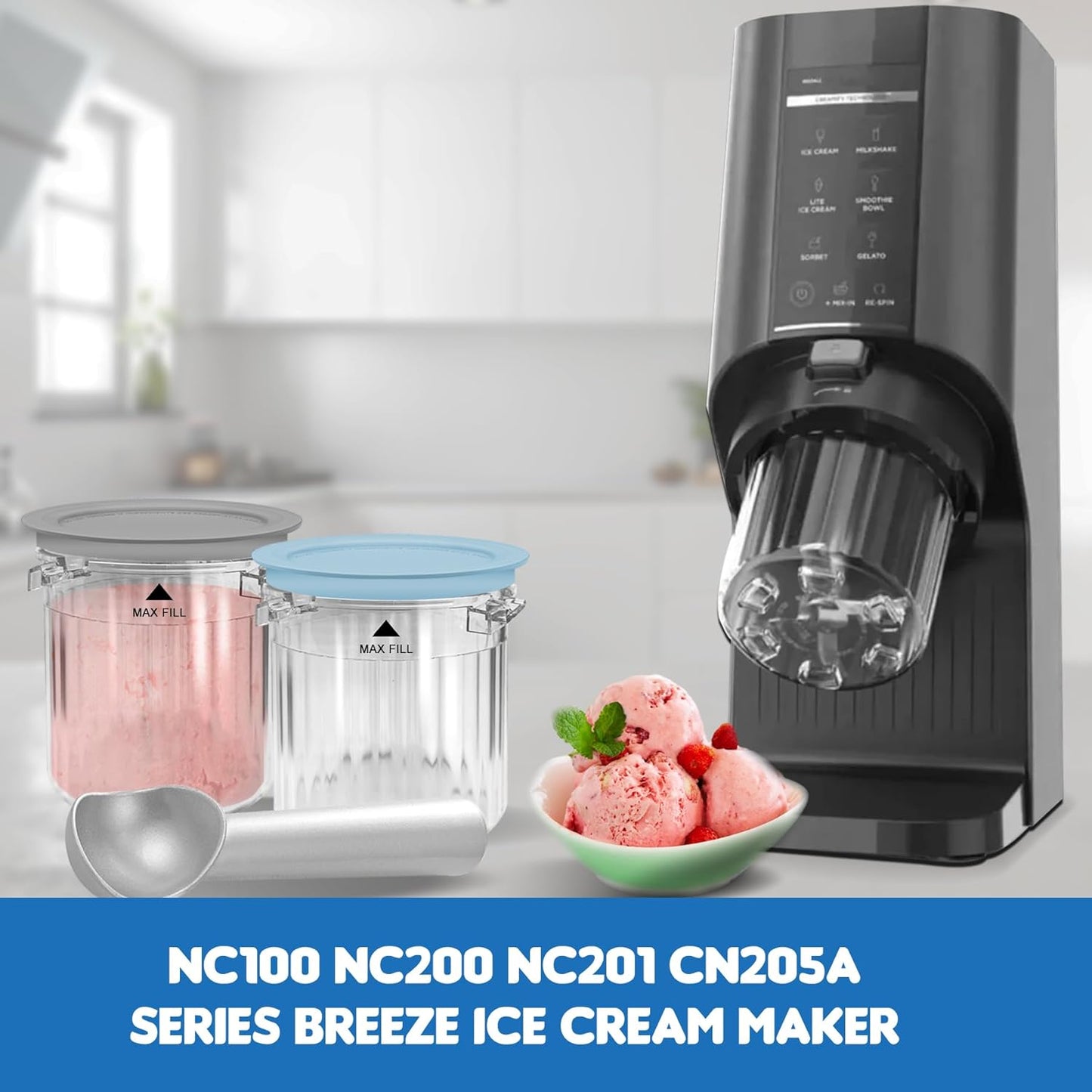 Creami Breeze Pints and Lids for Ninja, 16oz Creamer Cups Storage Containers Holder Can Canisters Replacement Accessories for NC100 NC200 NC201 CN205A Ice Cream Maker Airtight BPA-Free Dishwasher Safe