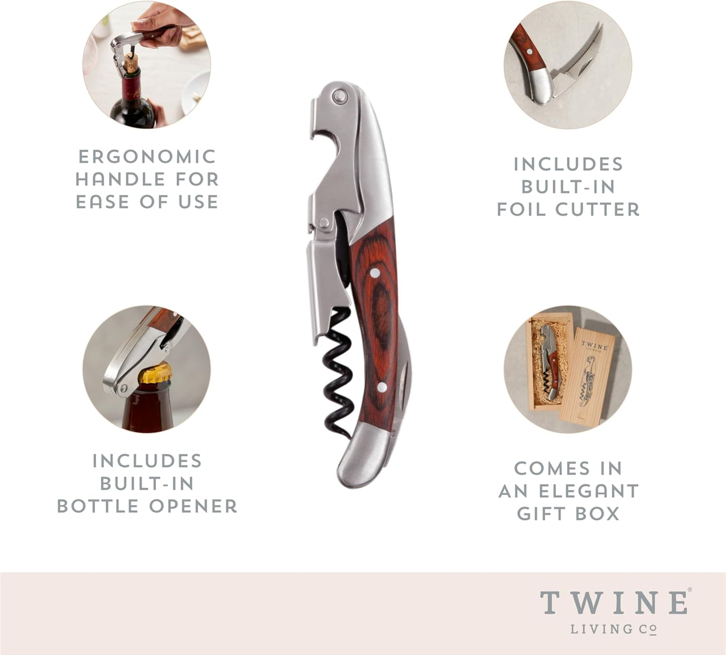 Twine Wood Handle Double HInged Corkscrew, Stainless Steel Wine Key with Foil Cutter