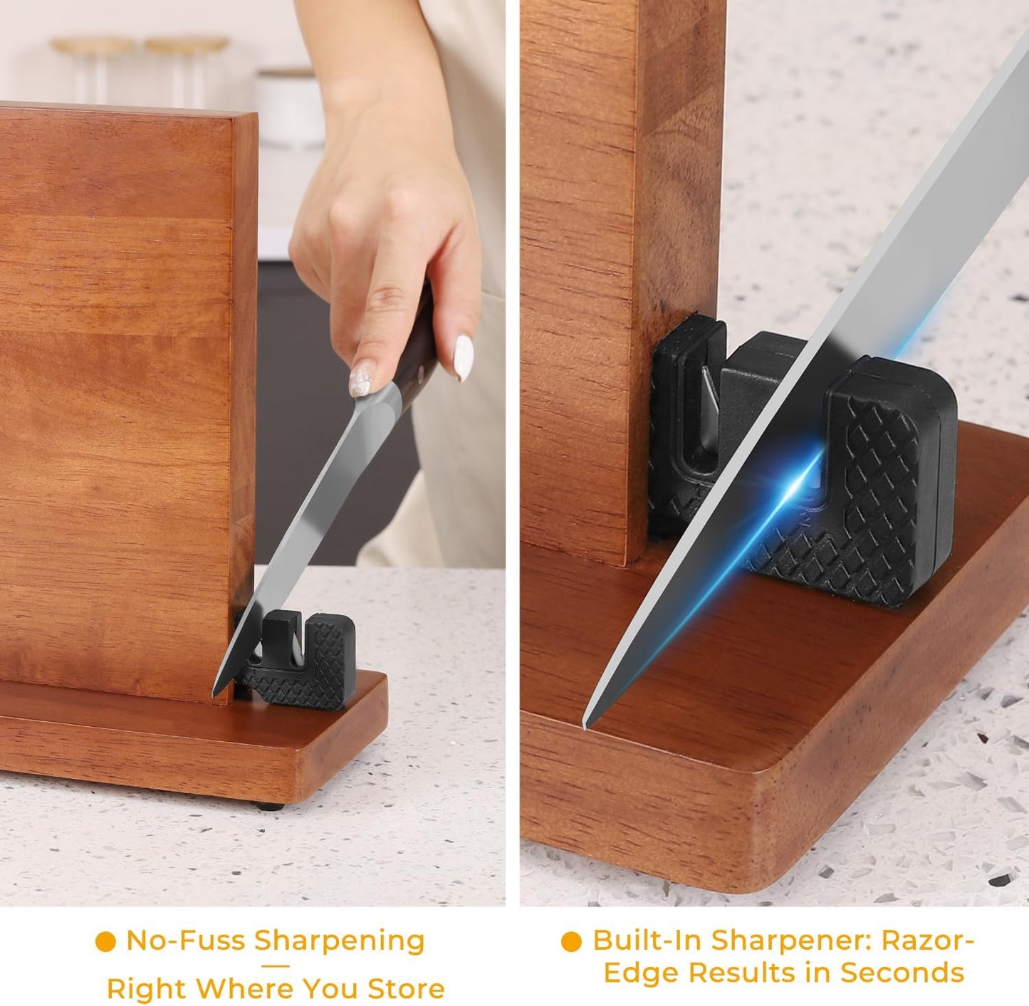 Magnetic Knife Block with Built-in Sharpener, Double-Sided 360° Magnetic Holder & Knife Sharpening Stone, Rubber Wood Countertop Storage Organizer, No Knives Included