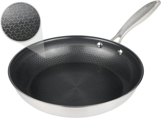 Stainless Steel Nonstick Frying Pan, Hybrid Ceramic 12-Inch Frying Pans, Stay-Cool Handle, PFAS & PFOA PTFE Free, Dishwasher & Oven Safe, Scratch-Resistant, Compatible with Induction & All Cooktops
