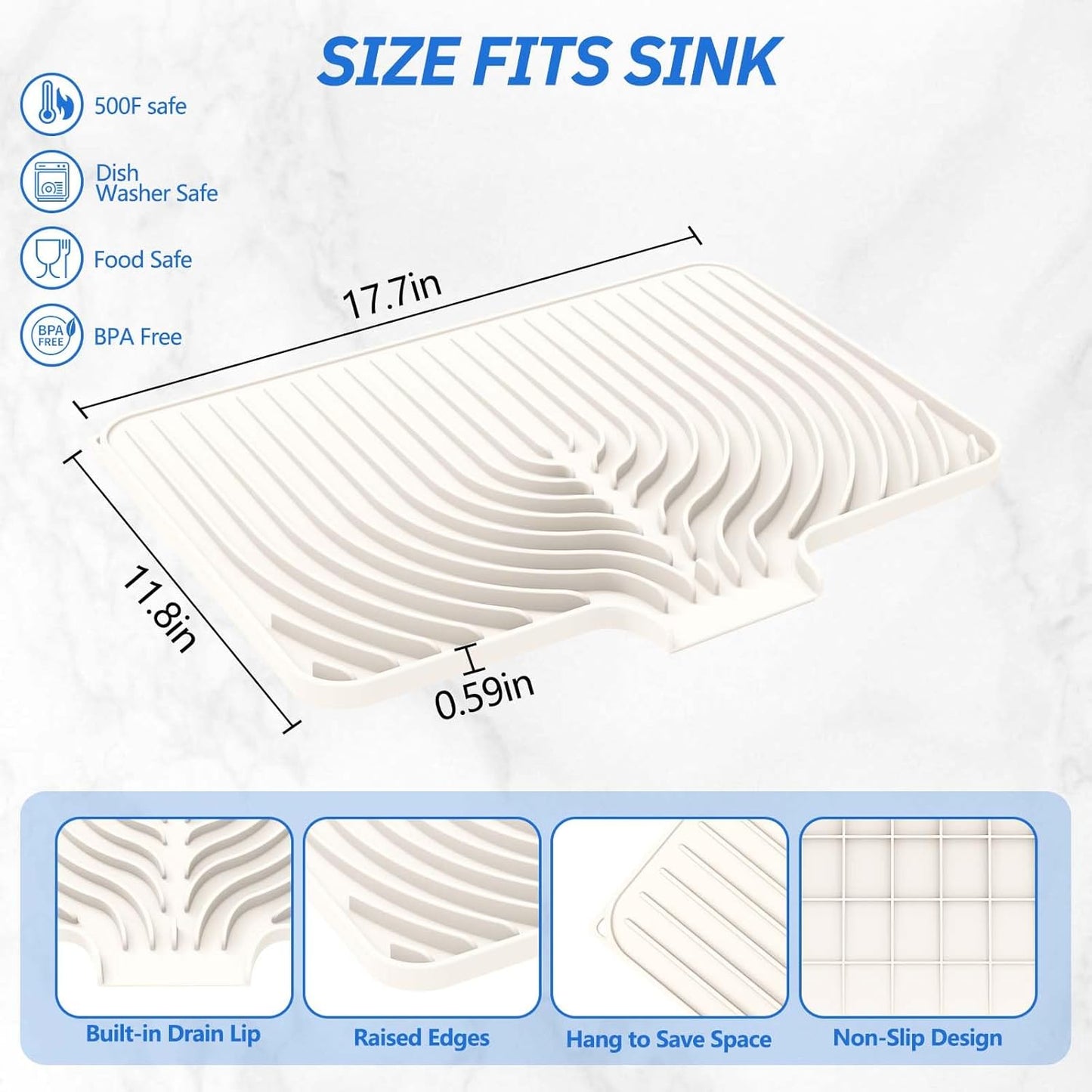 Silicone Dish Drying Mat for Kitchen Counter with Built-in Drain, Easy Clean Pad for Countertop Protection, Fast Self-Draining Slope, Non-Slip, Multiple Use 17.7 x 11.8 Inch ( Cassava White)