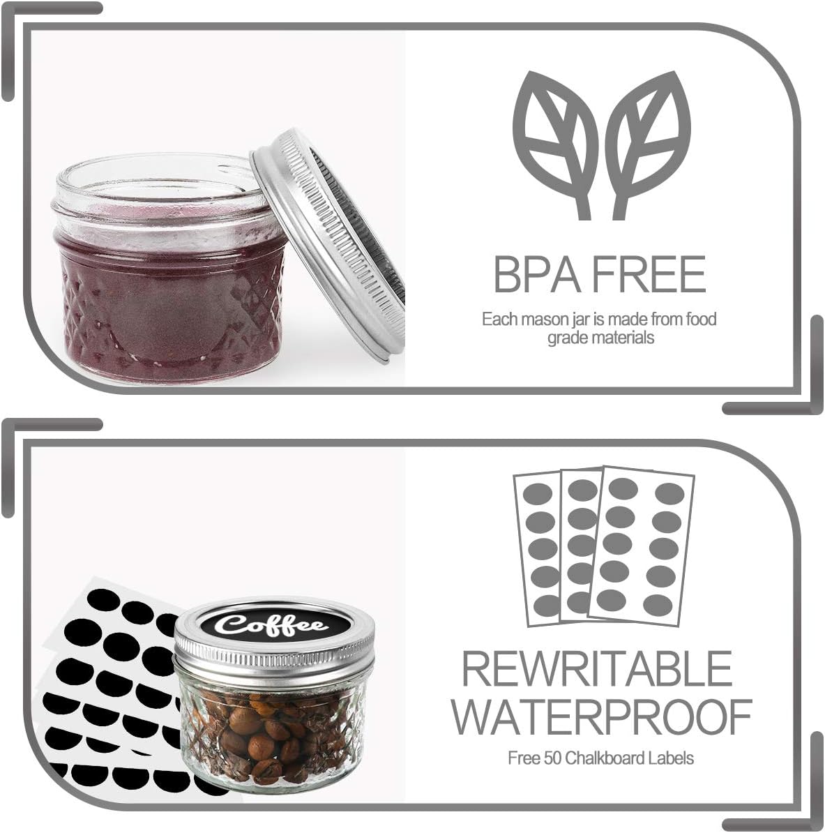 VERONES Mason Jars Canning Jars, 4 OZ Jelly Jars With Regular Lids and Bands, Ideal for Jam, Honey, Wedding Favors, Shower Favors, DIY Spice Jars, 50 PACK