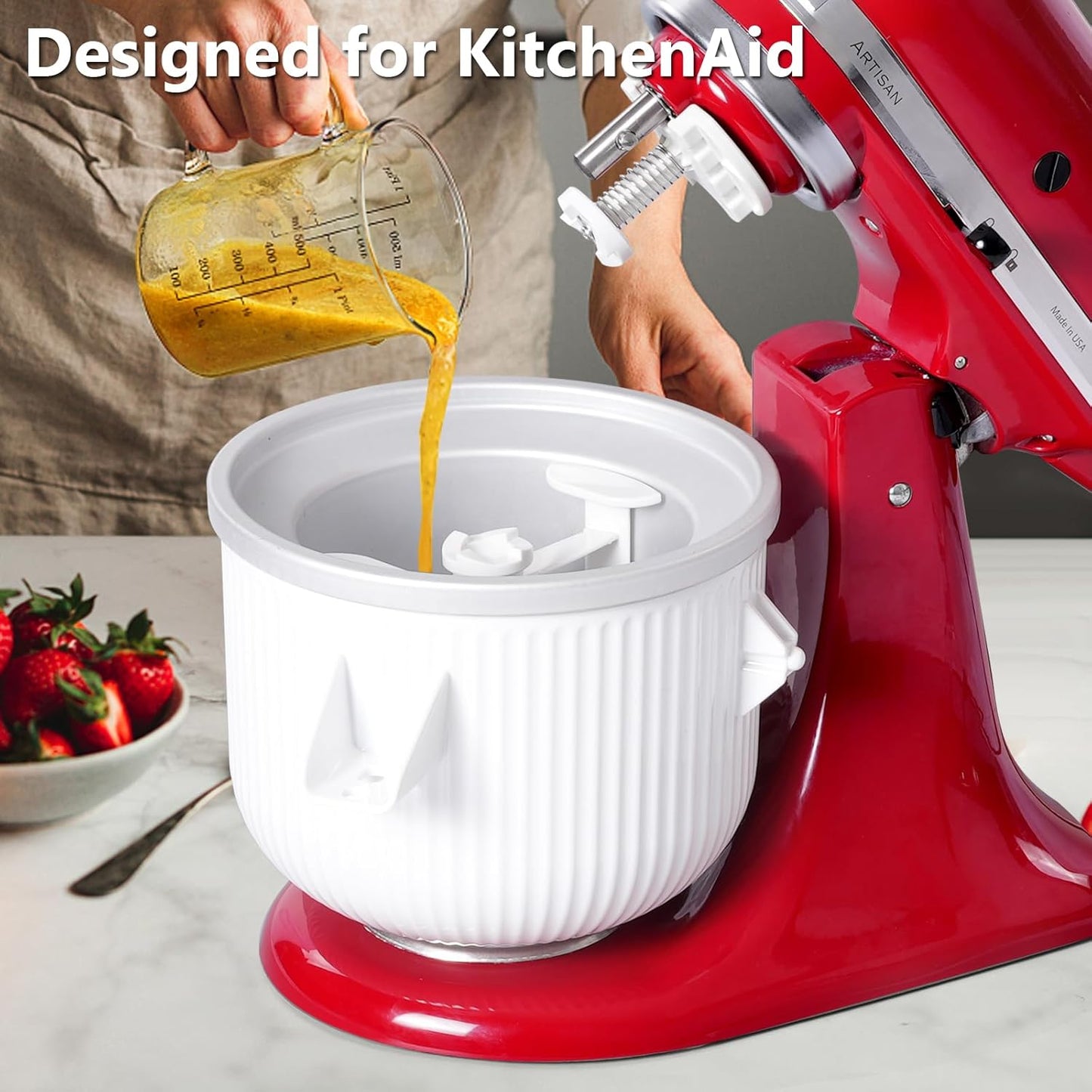 Ice Cream Maker Attachment for Kitchenaid, 2 Quart Frozen Ice Cream Bowl for Stand Mixer 4.5/5/6/7QT, Sorbet Gelato Maker for Homemade Ice, Dessert, Yogurt