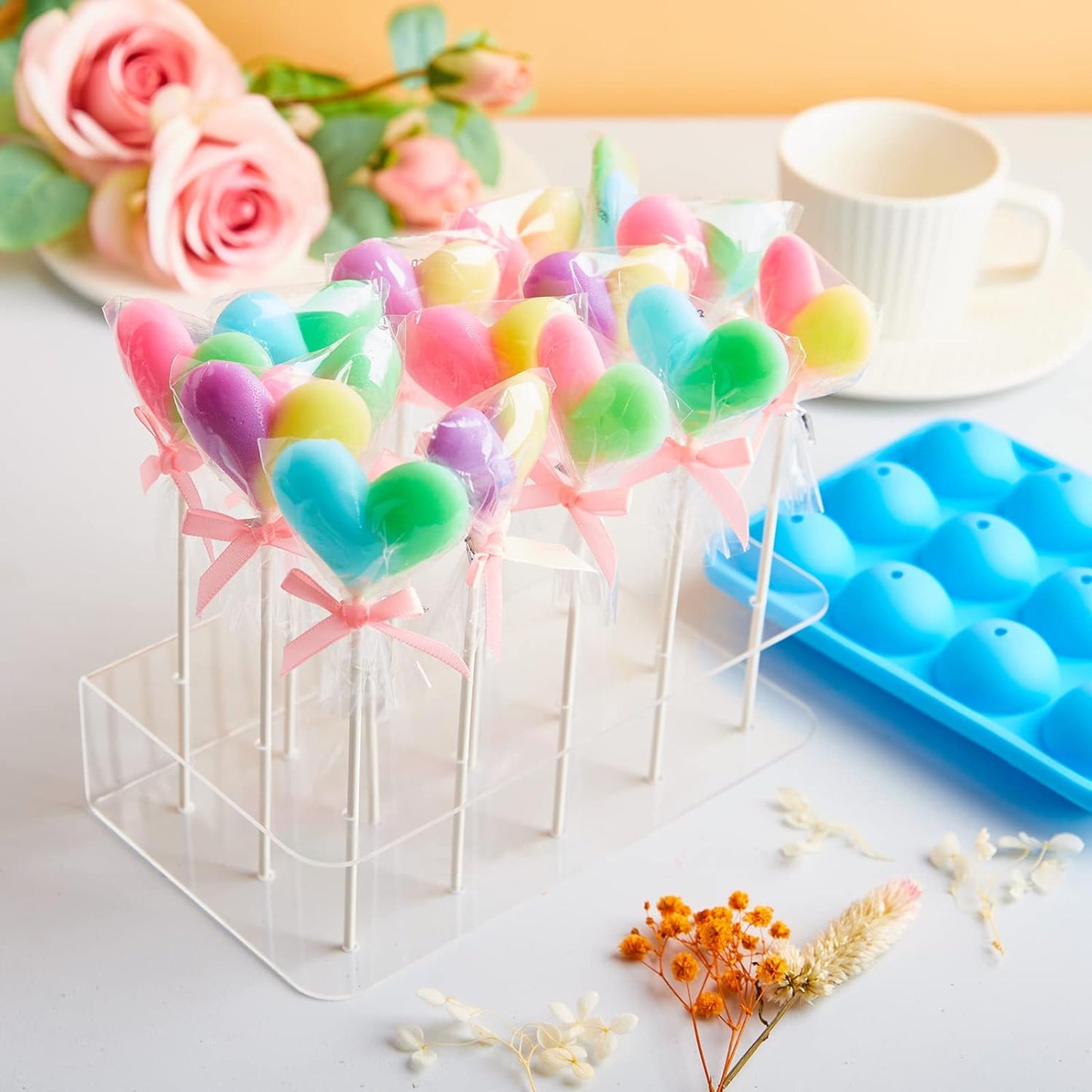 Kucoele Cake Pop Mold Set, Including 15 Hole Clear Acrylic Lollipop Display Stand Holder, 12 Cavity Blue Silicone Cake Pop Mold, Cake Pop Sticks Treats Bags and Twist Ties