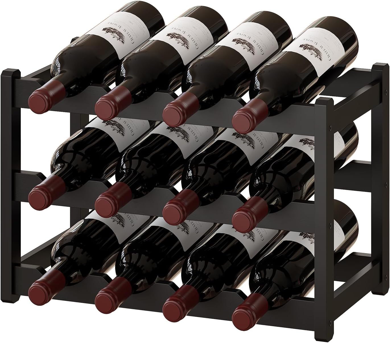 BMOSU Bamboo Wine Rack Wine Storage Cabinet Shelf 12 Bottle Wine Racks Countertop Sturdy for Kitchen Dining Room Pantry - 3 Tiers Wine Rack (Black)