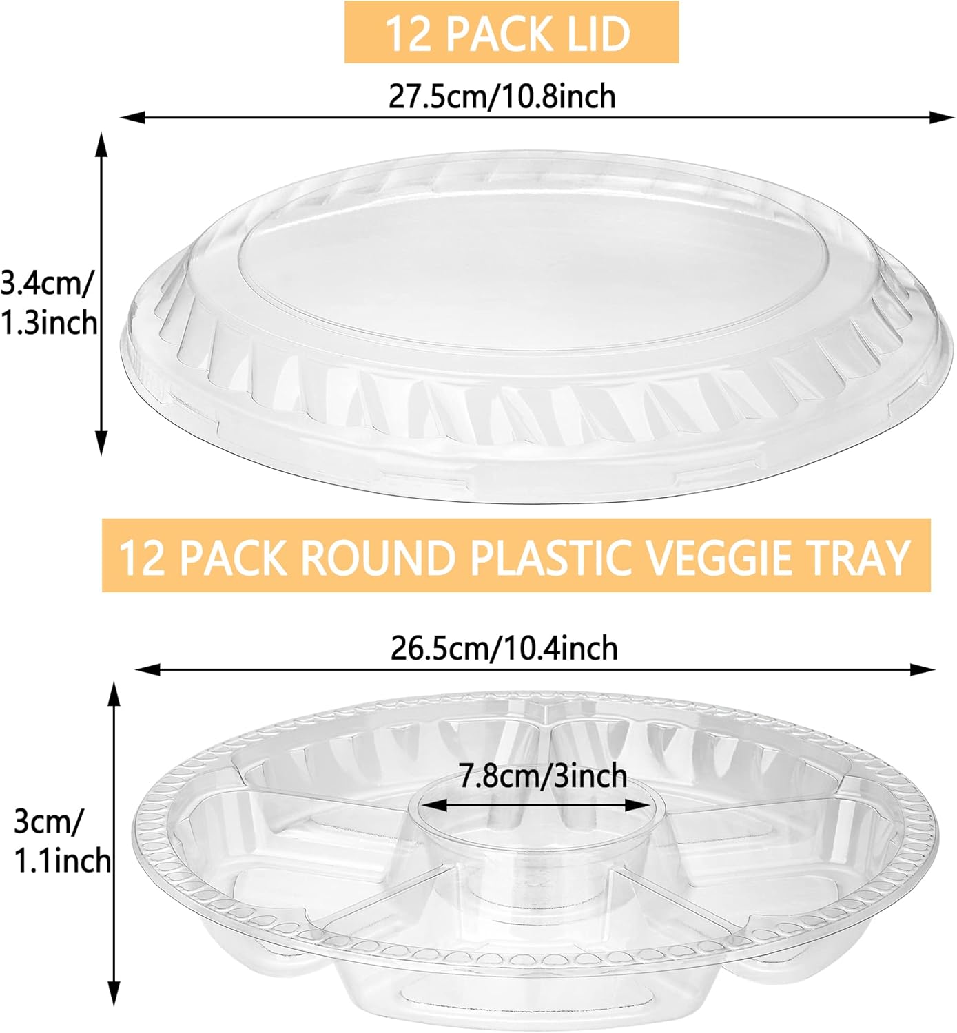 12 Pack Round Plastic Veggie Tray with Lid Fruit Tray 6 Divided Compartment Container Food Serving Dip Platter Reusable Catering Trays for Veggie Fruit Snack Party and Buffet Trays（Clear，10inch）