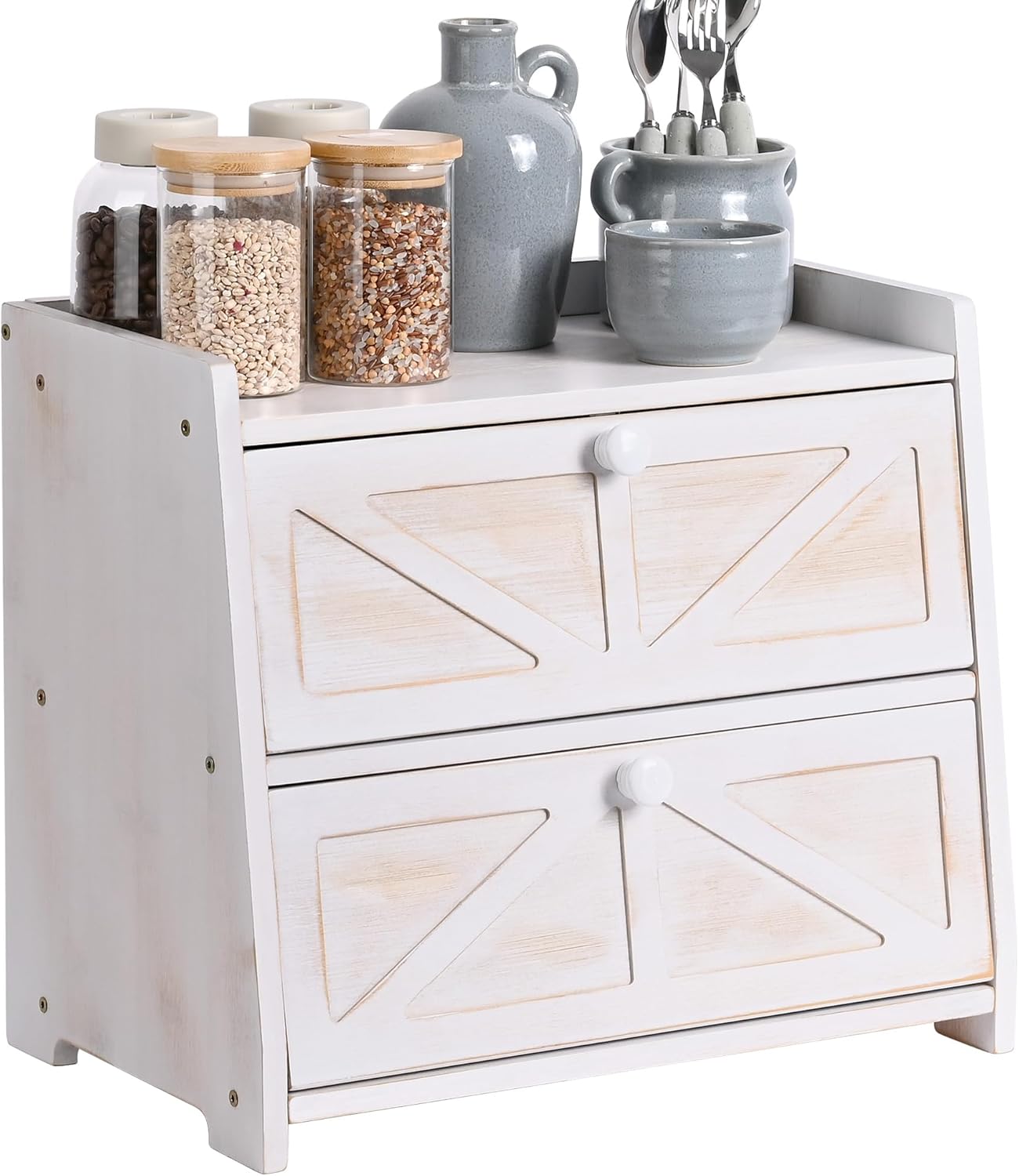 Ollieroo Vintage Double Layer Bread Box for Kitchen Countertop, Bamboo Bread Storage Container, Breadbox for Homemade Bread, Large Capacity Bread Bin(White)