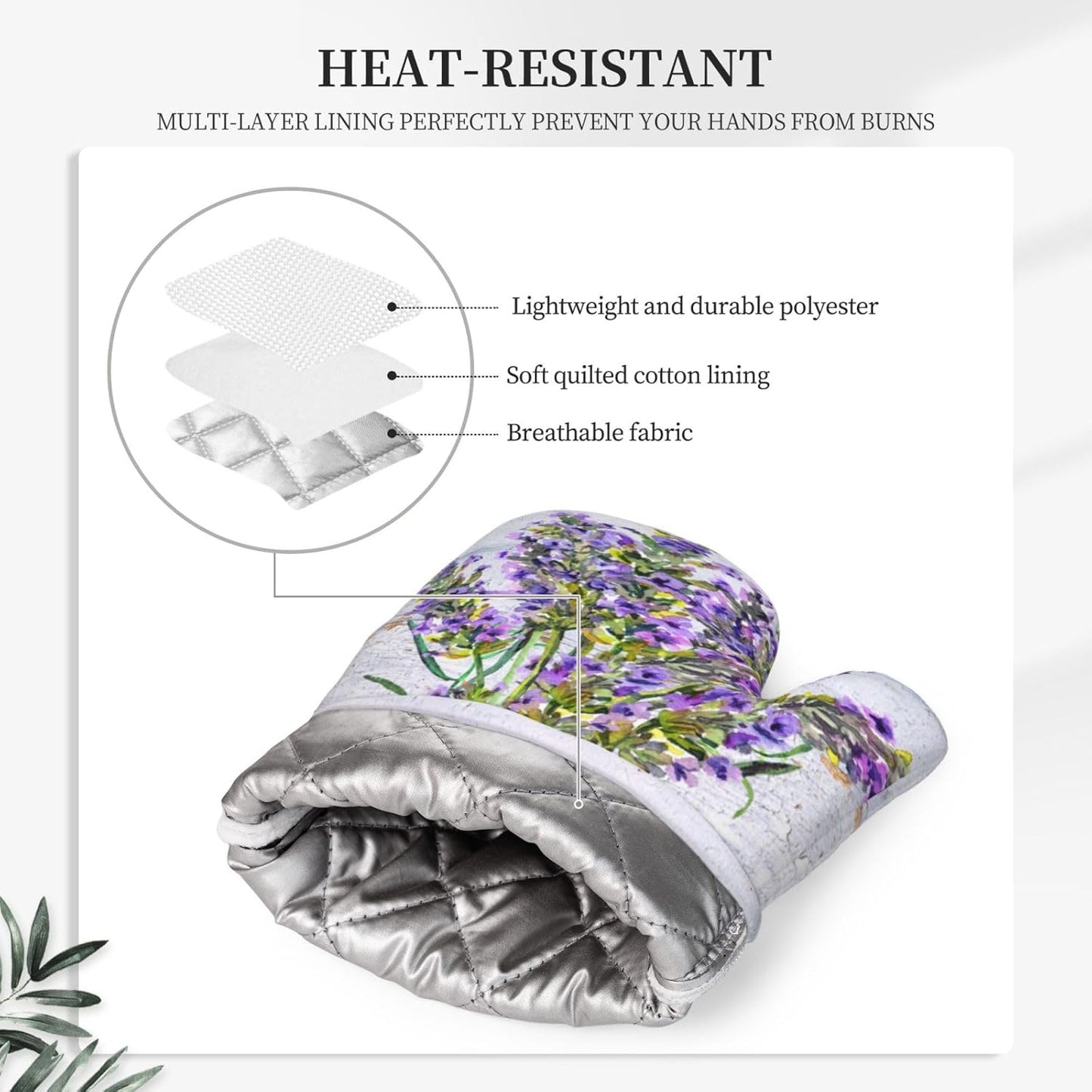 Wood Spring Lavender Oven Mitts Pot Holders Set Silicone Lavenders Kitchen Oven Mitts Heat Resistant Potholders Non-Slip 4pcs Hot Pads and Lilac Flower Oven Gloves Sets for Baking