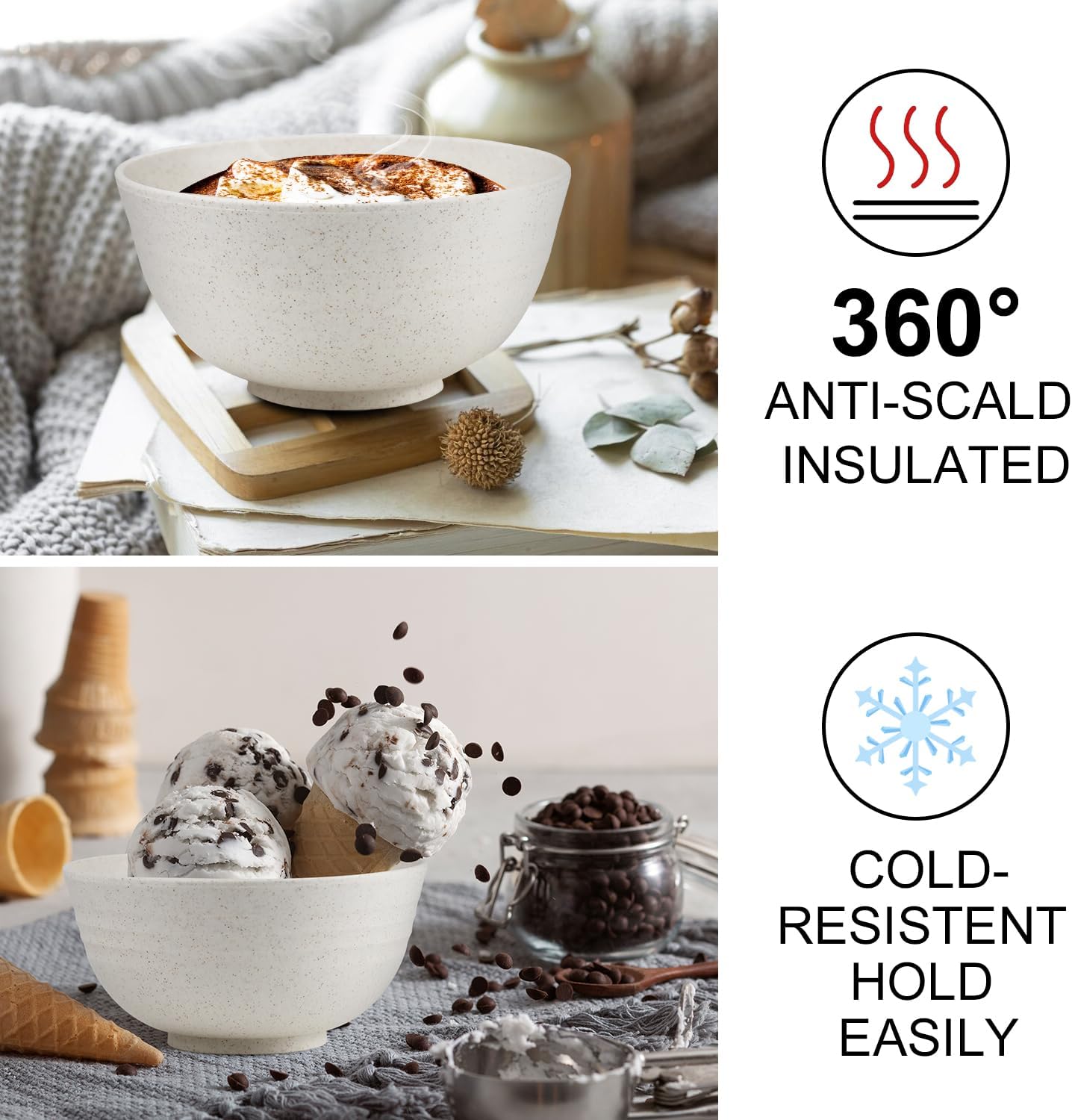 10oz Wheat Straw Bowls Set of 6, Unbreakable Ice Cream Bowl Sets for Kids, Snack Bowls Dishwasher and Microwave Safe