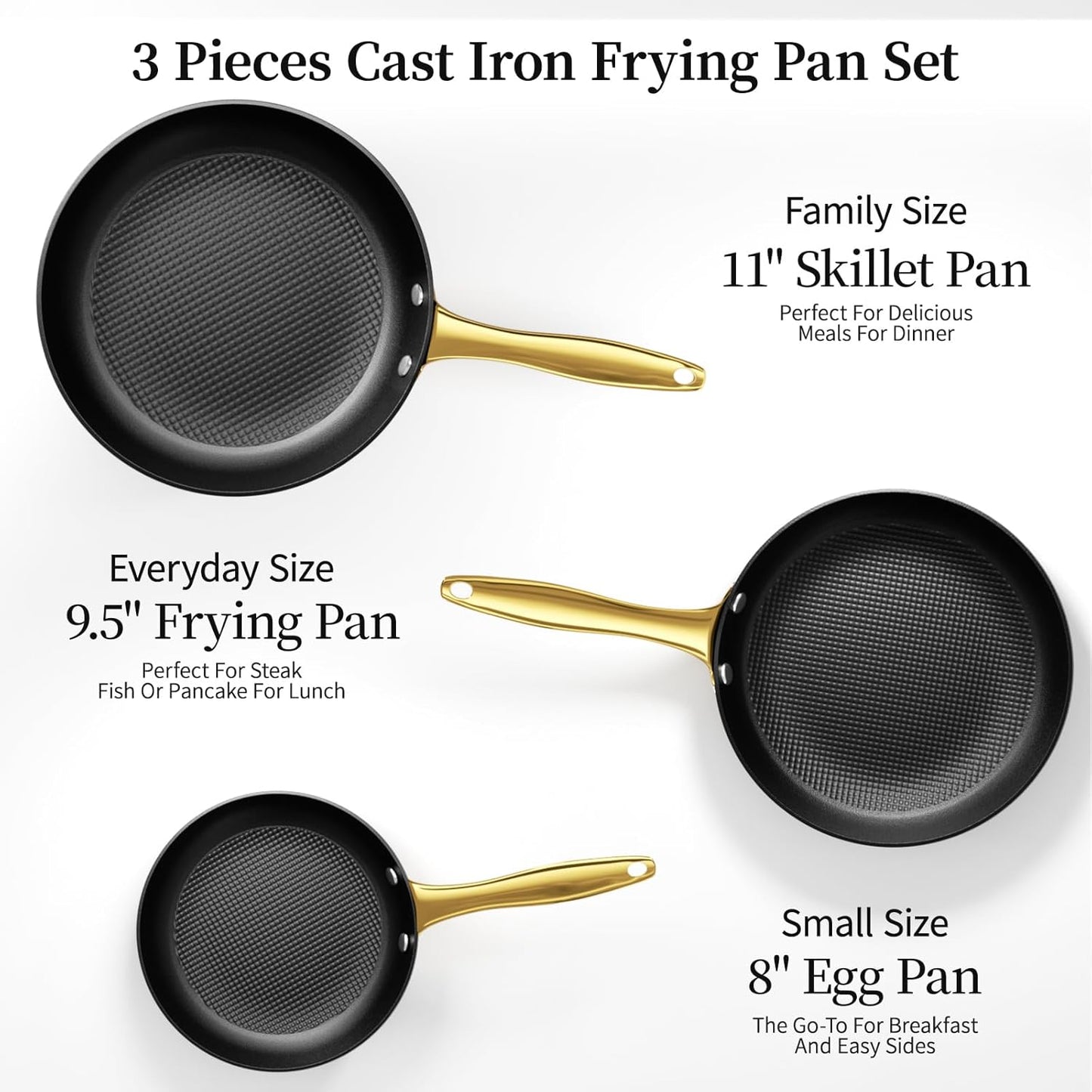 Cast Iron Skillet Set, Nonstick Frying Pan Set, Cast Iron Induction Non Stick Frying Pan, 8Inch&9.5Inch&11Inch Skillet Omelette Egg Frying Pan Set, kitchen Cooking Pan Set W/Stay Cool Handle