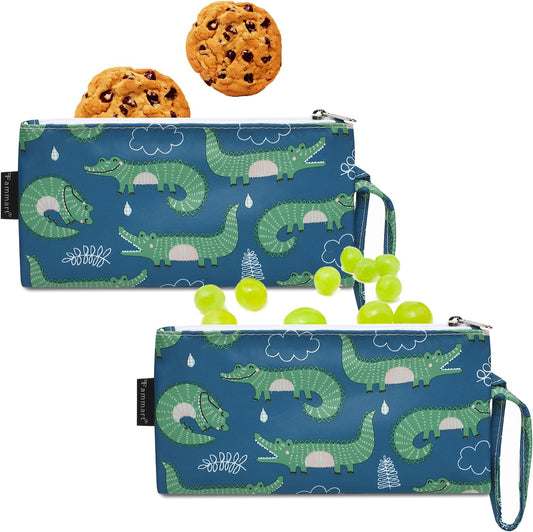 Reusable Sandwich Bag/Snack Bag for Kids & Adults, Dual Layer Lunch Bag with Handle, Washable, Food Safe, BPA Free (2-Pack, Green Crocodile)
