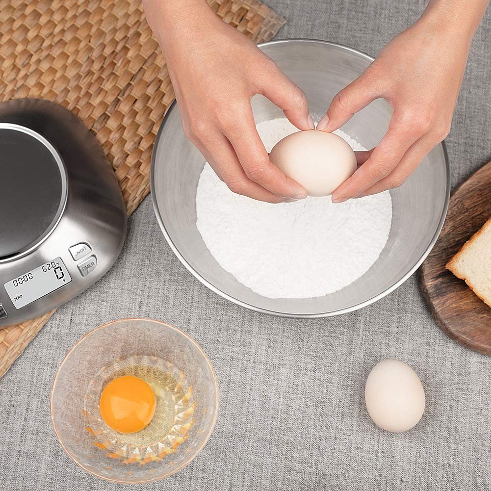 Digital Kitchen Scale with Removable Bowl 2.5L Volume, Electronic Stainless Steel Food Scale for Cooking Baking, Room Temperature, Alarm Timer, 12lb 5.5kg, Batteries Included