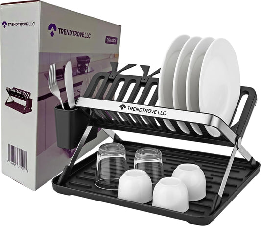 TrendTrove Foldable Dish Drying Rack – Stainless Steel Dish Rack for Kitchen Counter & Over Sink – Compact, Space-Saving Dish Drainer with Drip Tray, Utensil Holder & Plate Dividers (Black/Silver)