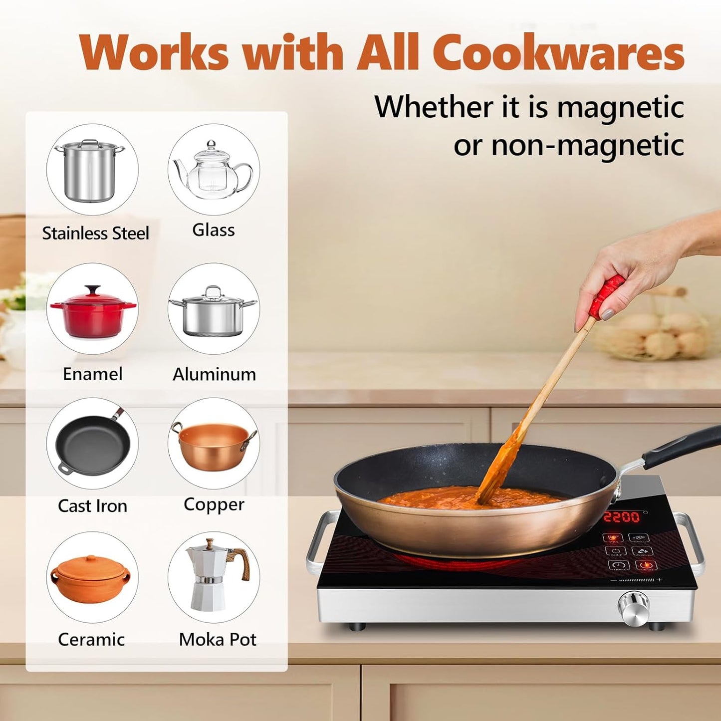 Countertop Infrared Hot Plate Electric Cooktop Portable Cooker for Cooking Single Burner Stove, 2200 Watt Compact Hotplate Adjustable Temperature Control, Sensor Touch & Knob