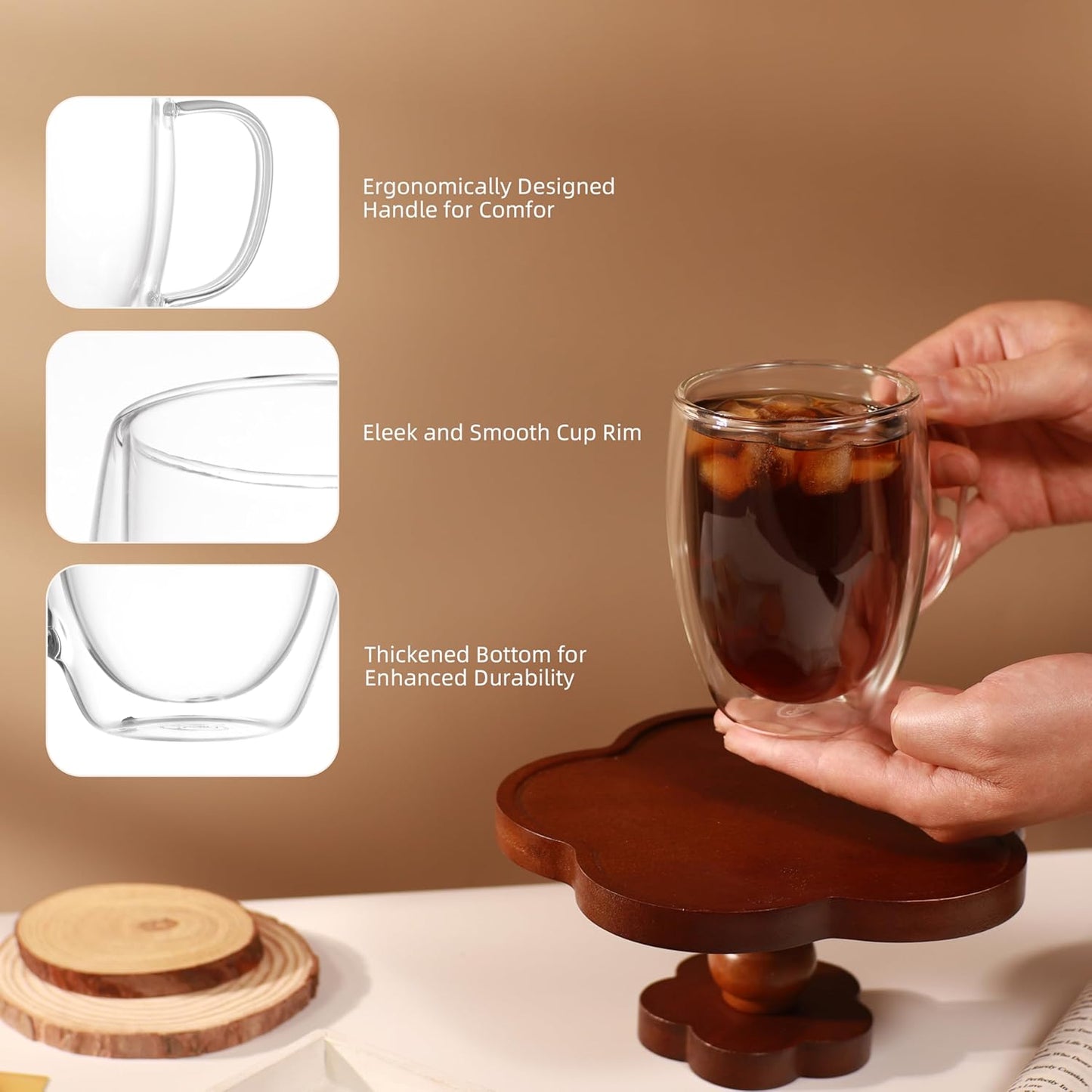 CNGLASS 6 Pack Double Walled Glass Coffee Mugs，12oz Clear Coffee Cups with Handle，Insulated Glass Espresso Mugs for Latte,Cappuccino,Tea