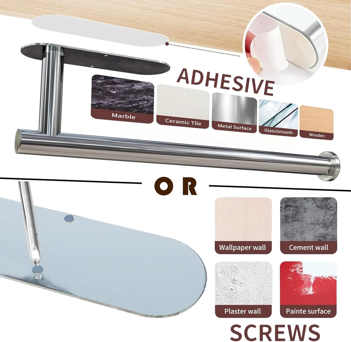 Self Adhesive or Drilling Paper Towel Holder Under Cabinet,Silver Stainless Steel Hanging Paper Towel Holder Wall Mount for Kitchen Paper Towel,Under Counter Paper Towel Roll Rack for Home,Bathroom,RV