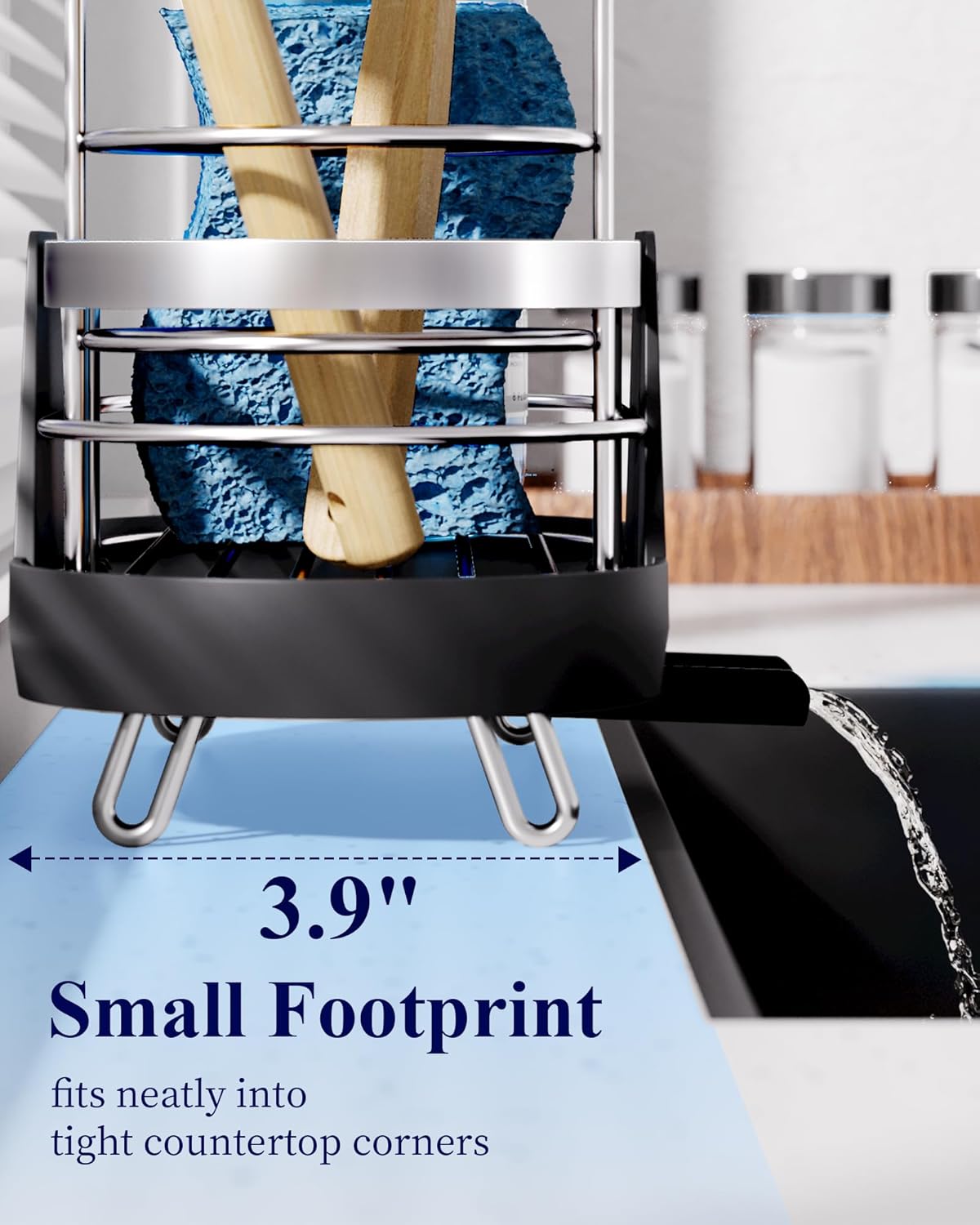 Kitsure Sponge Holder for Kitchen Sink - Space-Saving Kitchen Sink Caddy, Rustproof Metal Organizer with Removable Brush Holder, 7.9"×3.9"×5.3", Black