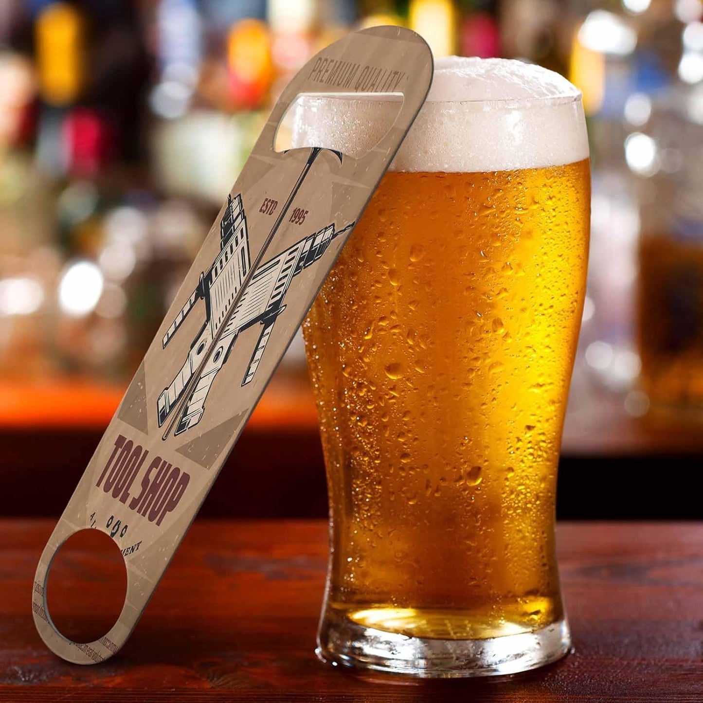 Tool Shop Stainless Steel Bottle Opener Carpentry Electric Drill and Hammer Brown Retro Poster Flat Beer Bottle Opener Keychain for Home Kitchen Bar Restaurant Party Birthday Gift