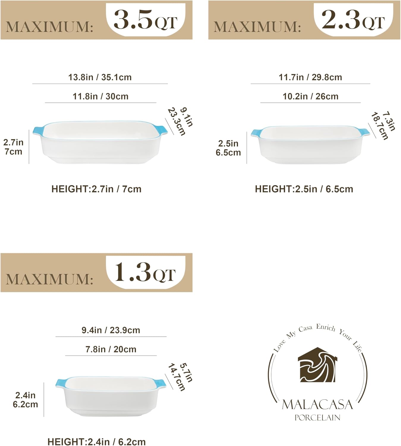 MALACASA Casserole Dishes for Oven, Ceramic Baking Dishes Set of 3, Rectangular Lasagna Pan Deep Baking Pans, Bakeware Sets with Handles Gift Set, White with Blue Trim(13.8''/11.7''/9.4''), Series BAKE