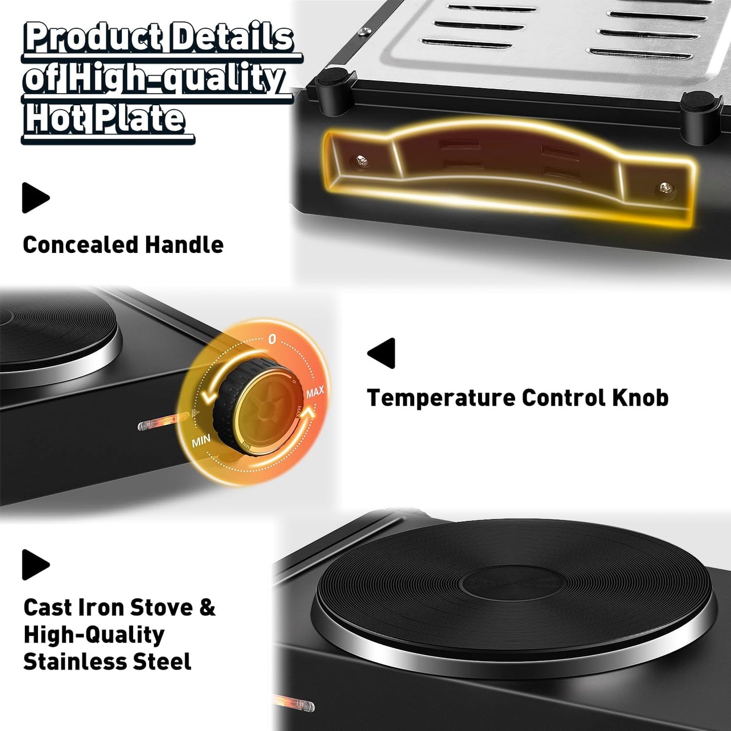CUSIMAX Hot Plate,1500W Electric Portable Cast Iron Stove with Temperature Controls,Hot Plates for Cooking,Compatible for All Cookwares,Concealed Handle,Easy to Clean