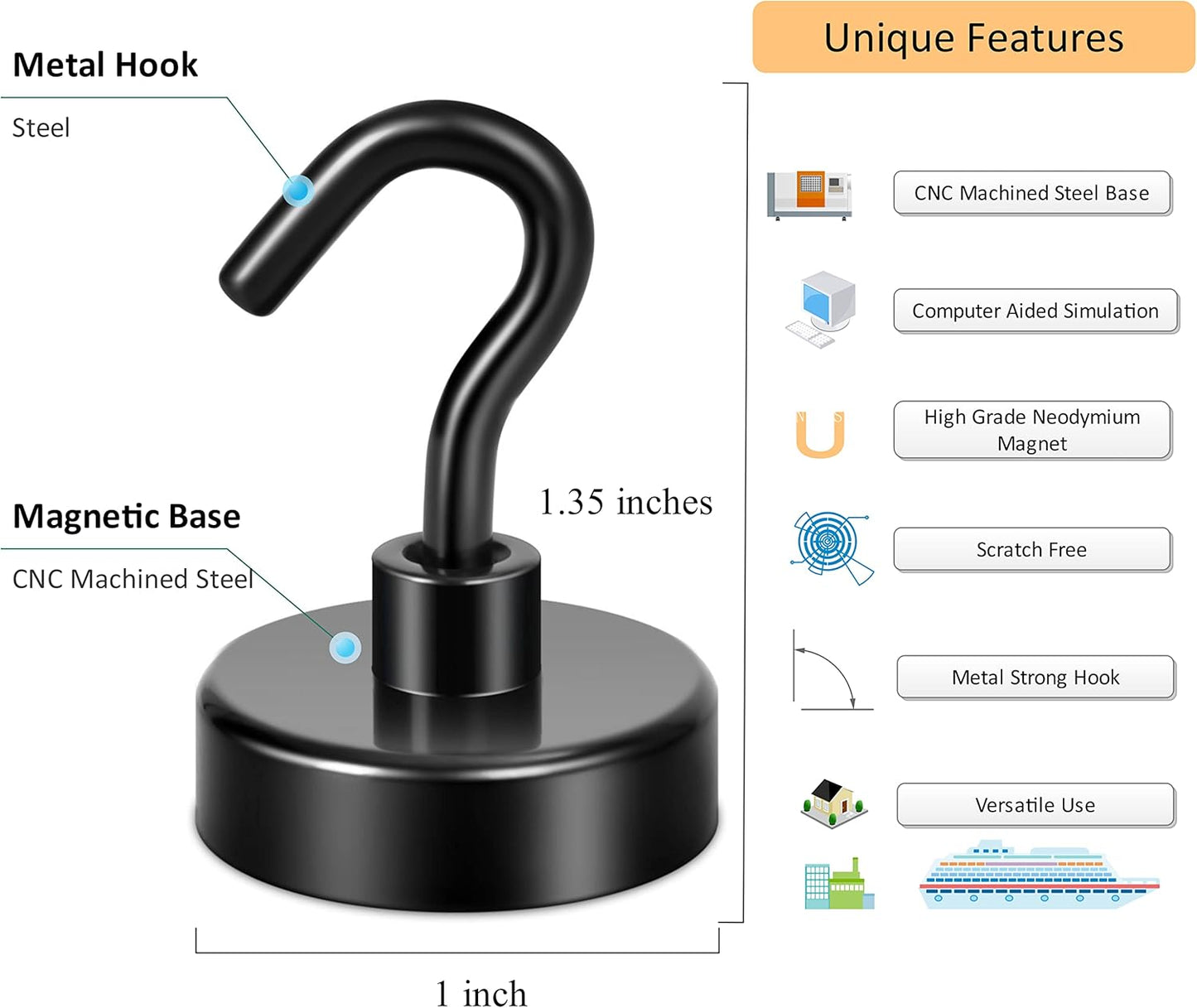 Neosmuk Black Magnetic Hooks, Heavy Duty Earth Magnets with Hook for Refrigerator, Extra Strong Cruise Hook for Hanging, Magnetic Hanger for Cabins, Grill (Black, Pack of 10)