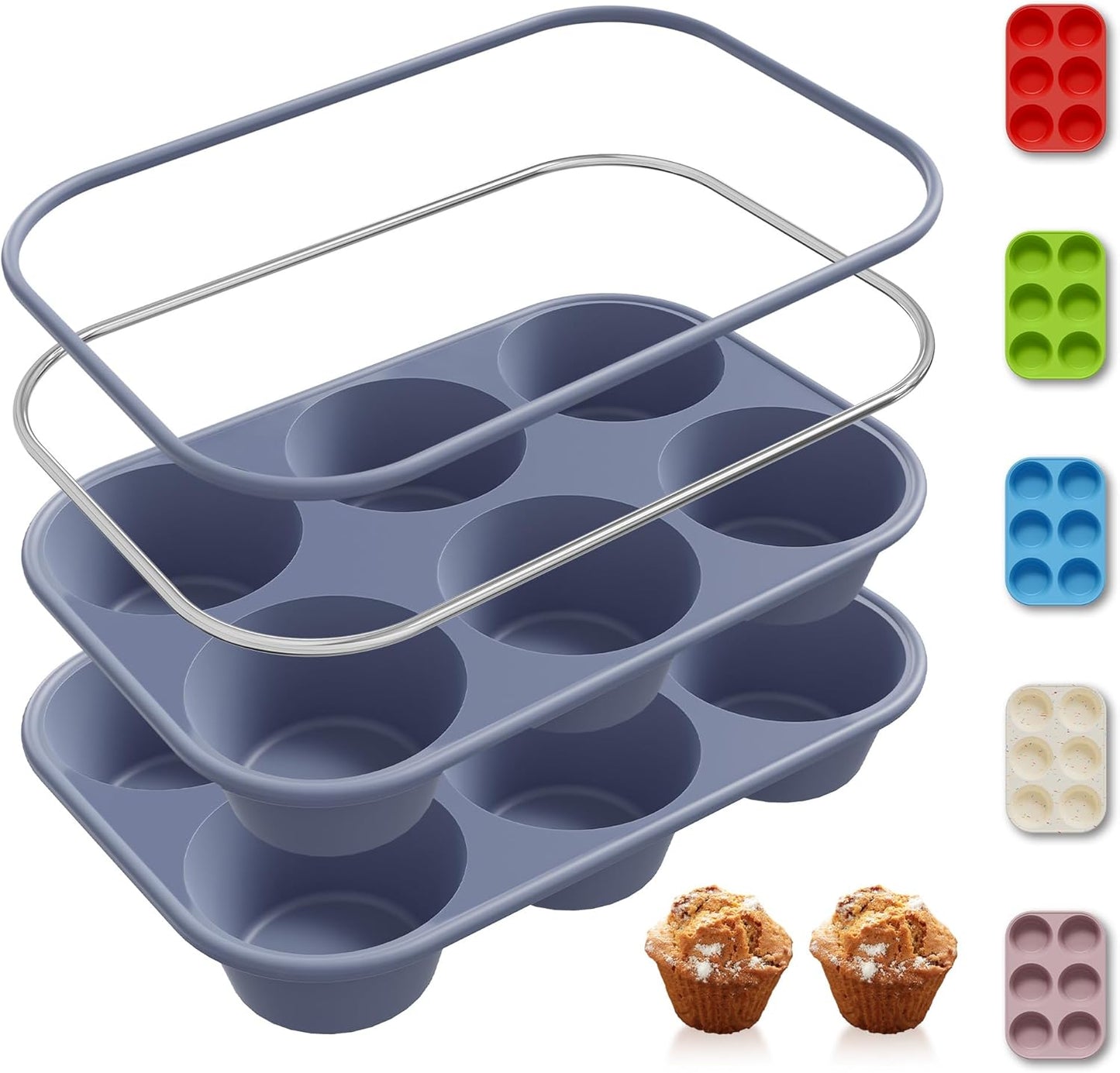 2 Pack 6 Cups Silicone Jumbo Muffin Pan with Metal Reinforced Frame Silicone Molds for Baking Cupcake Cake Baking Pans Muffin Tin Tart Pans Baking Set for Easter Christmas holiday Cookie Tin