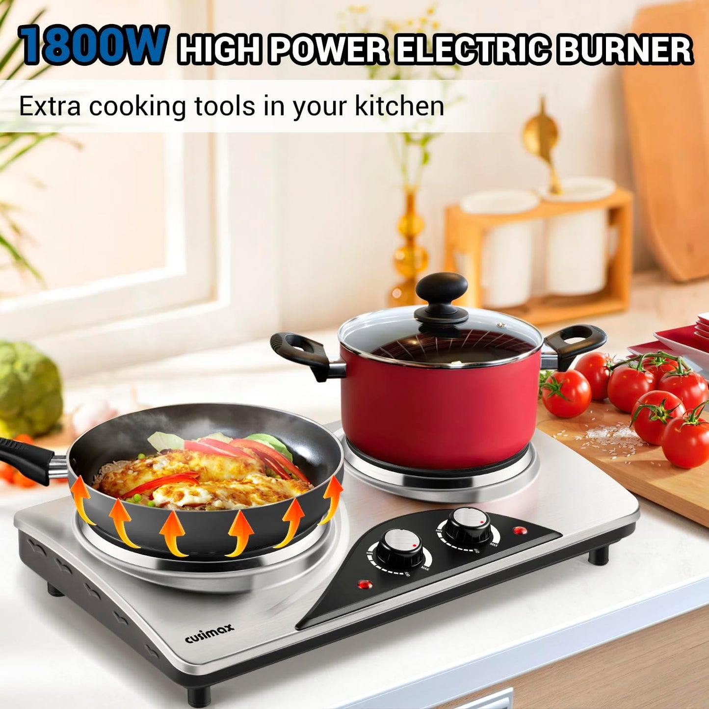 Double Burner, CUSIMAX 1800 Watts Electric Hot Plate for Cooking, Countertop Burner Portable Cast Iron Hot Plates with Dual Adjustable Temperature, Easy to Clean, Sliver
