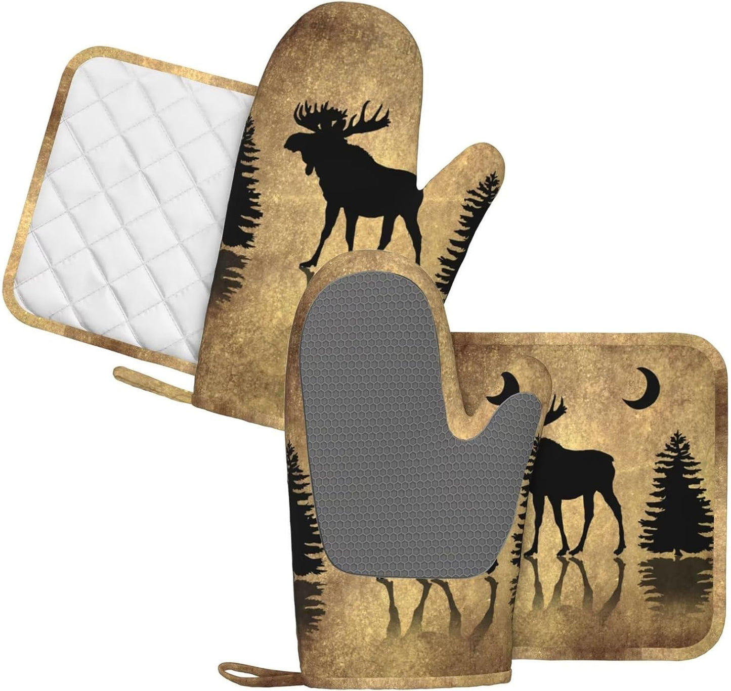 Rustic Elk Moose Deer Forest Pine Tree Moon Design Oven Mitts and Pot Holders Sets Silicone Moose Kitchen Mitts Potholders Heat Resistant 4Pcs Moose Oven Gloves Hot Pads for Kitchen
