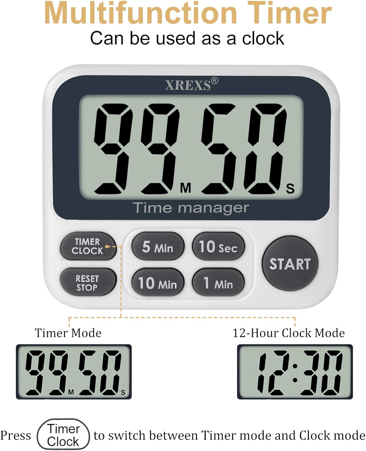 XREXS Digital Kitchen Timer, Magnetic Countdown Up Cooking Timer Clock with Large LCD Display, Adjustable Volume, Loud Alarm & Strong Magnet Classroom Timer for Teachers (Batteries Included)