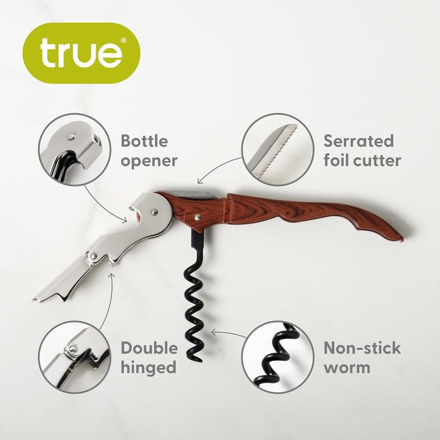 True Brands TrueTap Double Hinged Waiters Corkscrew, Top-notch Stainless Steel Opener with Foil Cutter Built to Last Wine Key Natural, Set of 1