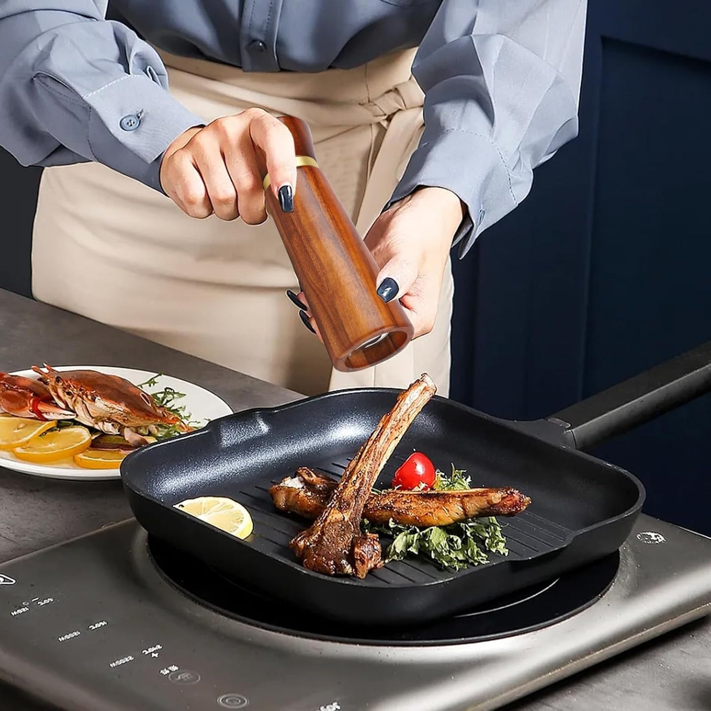 Wooden Salt and Pepper Grinder Set, Salt grinder Refillable with adjustable Coarseness, Acacia Wood pepper grinder manual, Salt and Pepper Shakers Matching Wooden tray-Ideal for Gifting