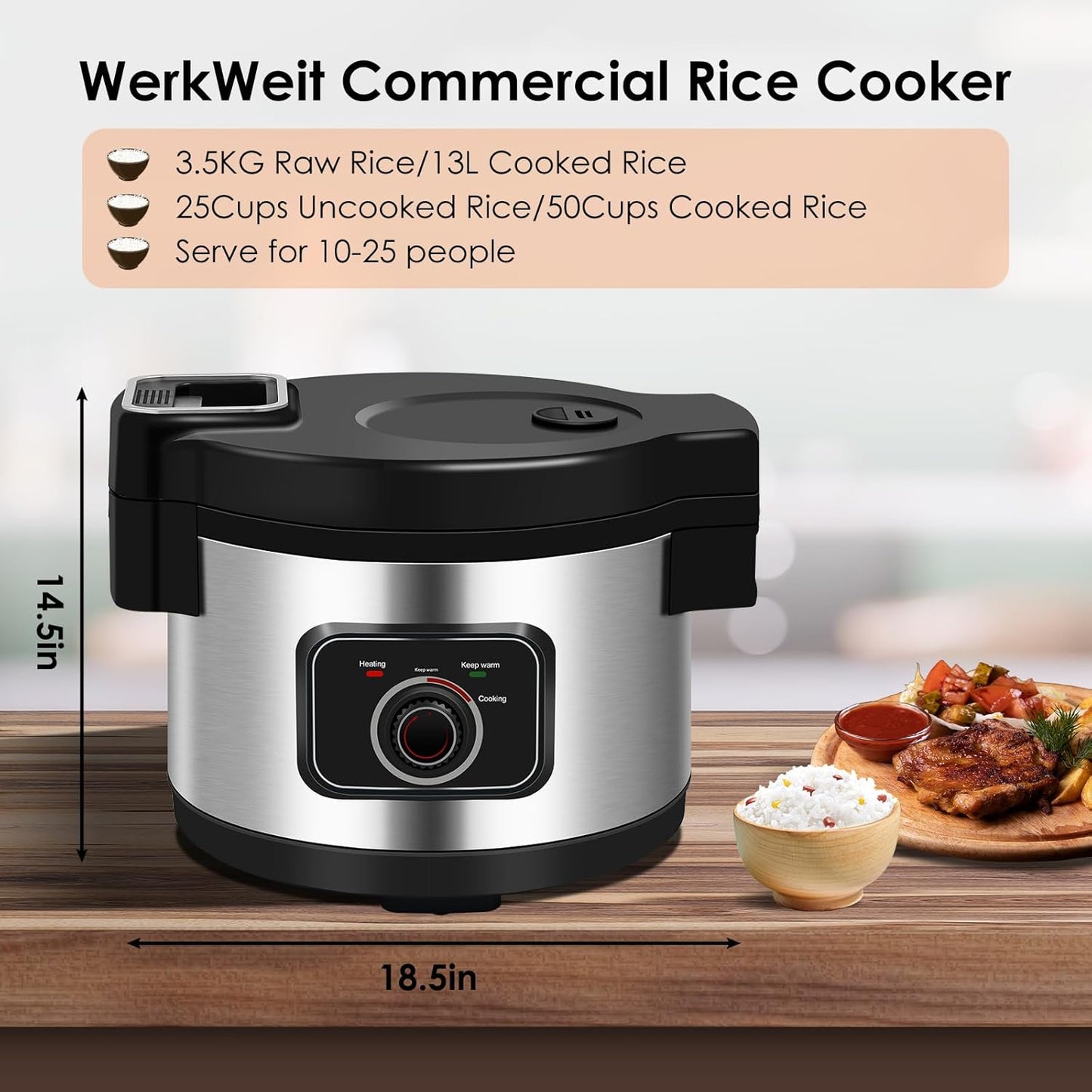 Commercial Rice Cooker Large Rice Cooker 50Cup(Cooked)/25Cup (Uncooked), 1850W 13L Rice Cooker for Restaurant Canteen Party Commercial Rice Warmer for 24H