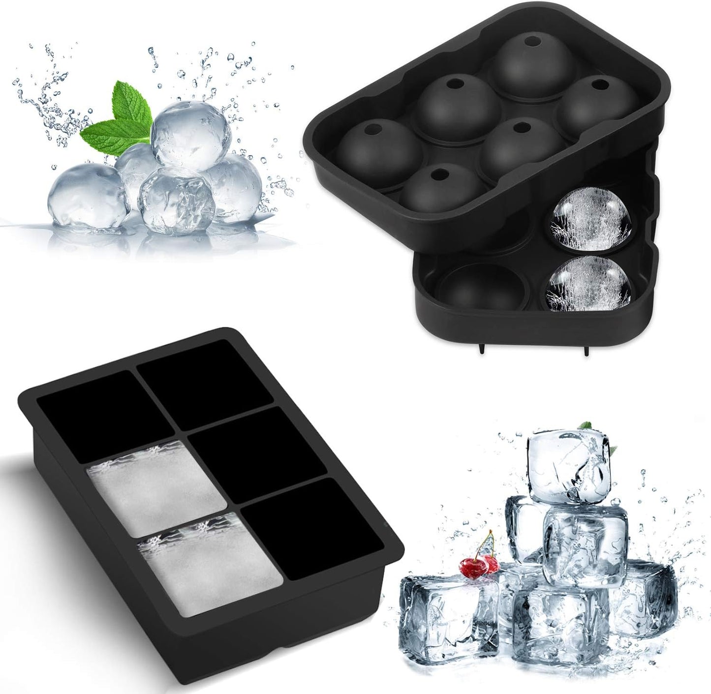 Ice Cube Trays (Set of 2), Sphere Ice Ball Maker & Square Large Ice Cube Molds, Freezer Molds for Whiskey, Cocktails, Homemade Drinks‌‌-Reusable & BPA Free