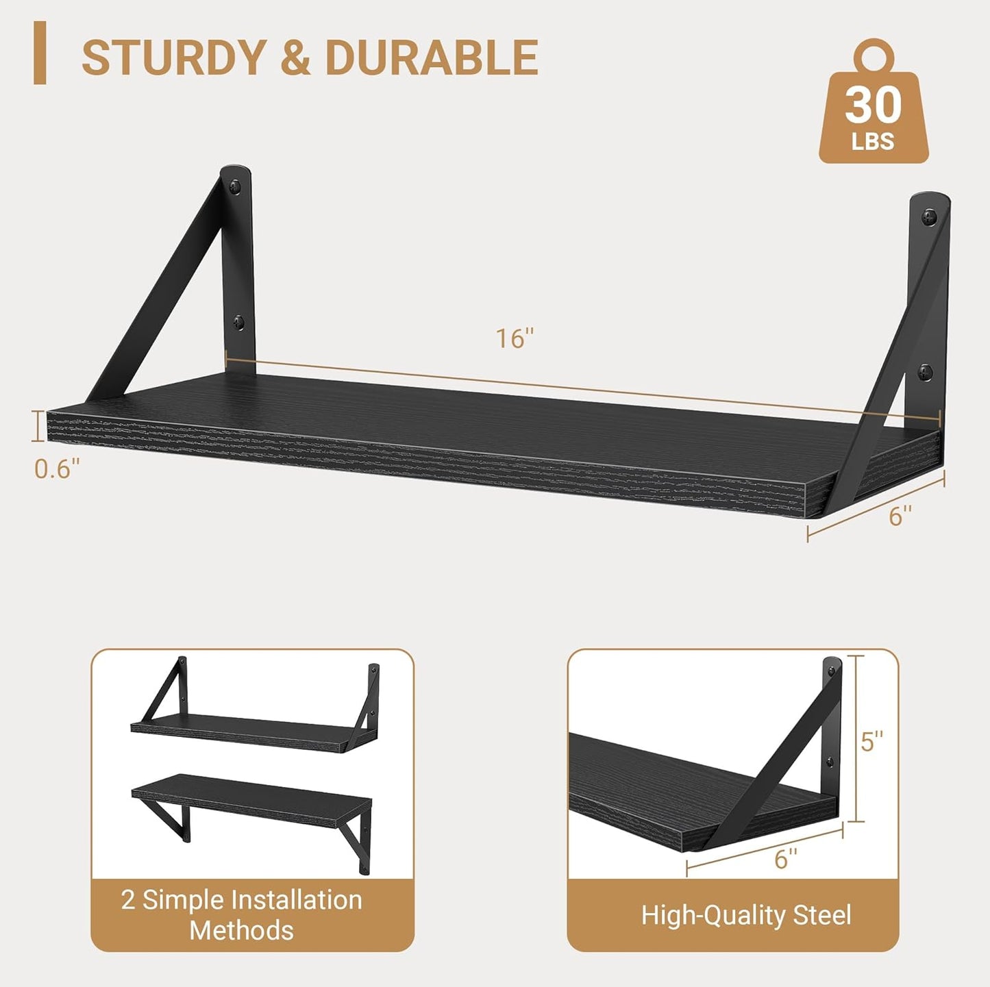 Heimlove Floating Shelves for Wall, 16 Inch Long Wood Floating Shelves Set of 3, Wall Mounted Hanging Shelf for Bathroom Bedroom Kitchen, Black