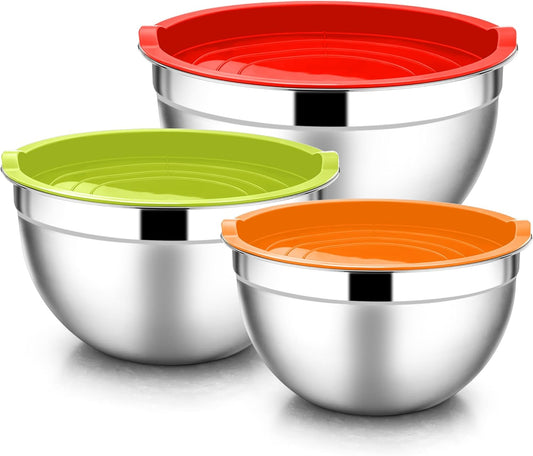 E-far Mixing Bowls with Lids, 6-Piece Stainless Steel Salad Bowls Metal Nesting Bowls for Baking Cooking and Prepping, Airtight Lids & Stackable Design, Size 4.5, 3, 1.5 QT (Colorful)