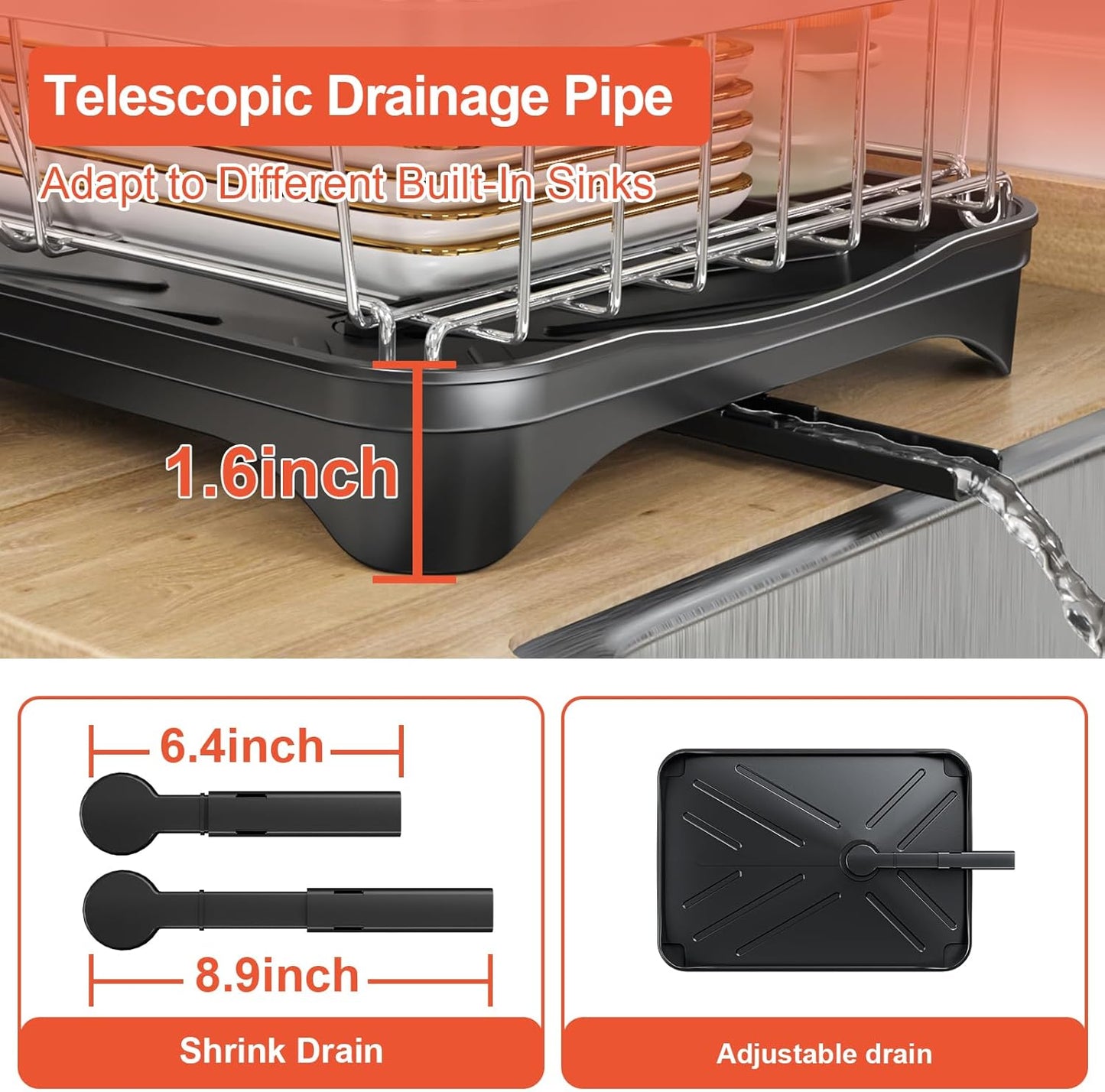 2-Tier Dish Drying Rack for Kitchen Counter, 304 Stainless Steel with Adjustable Drainboard, Removable Utensil Holder & Water Filter Tray, Black