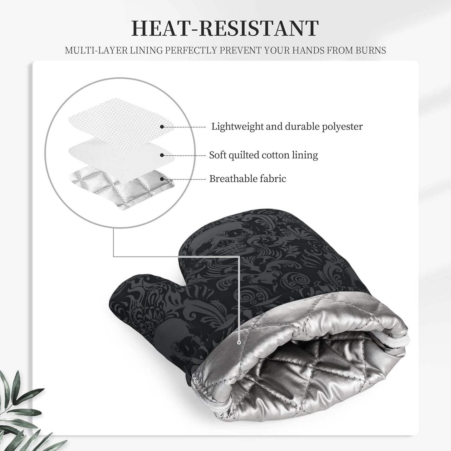 Gothic Skull Oven Mitts and Pot Holders Sets of 4,Resistant Hot Pads with Silicone Non-Slip BBQ Gloves for Kitchen,Cooking,Baking,Grilling