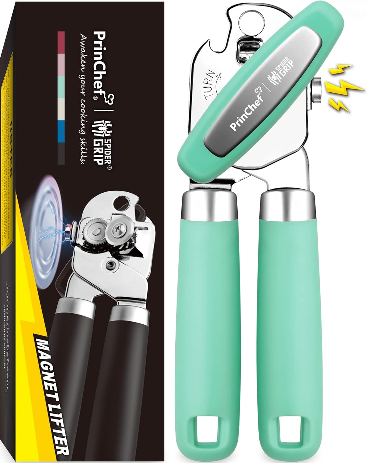 PrinChef Can Opener Manual, Can Tin Bottle Opener with Magnet - No-Trouble-Lid-Lift, Handheld Can Opener Smooth Edge with Sharp Blade, Heavy Duty and Easy to Use, for Seniors with Arthritis, Green