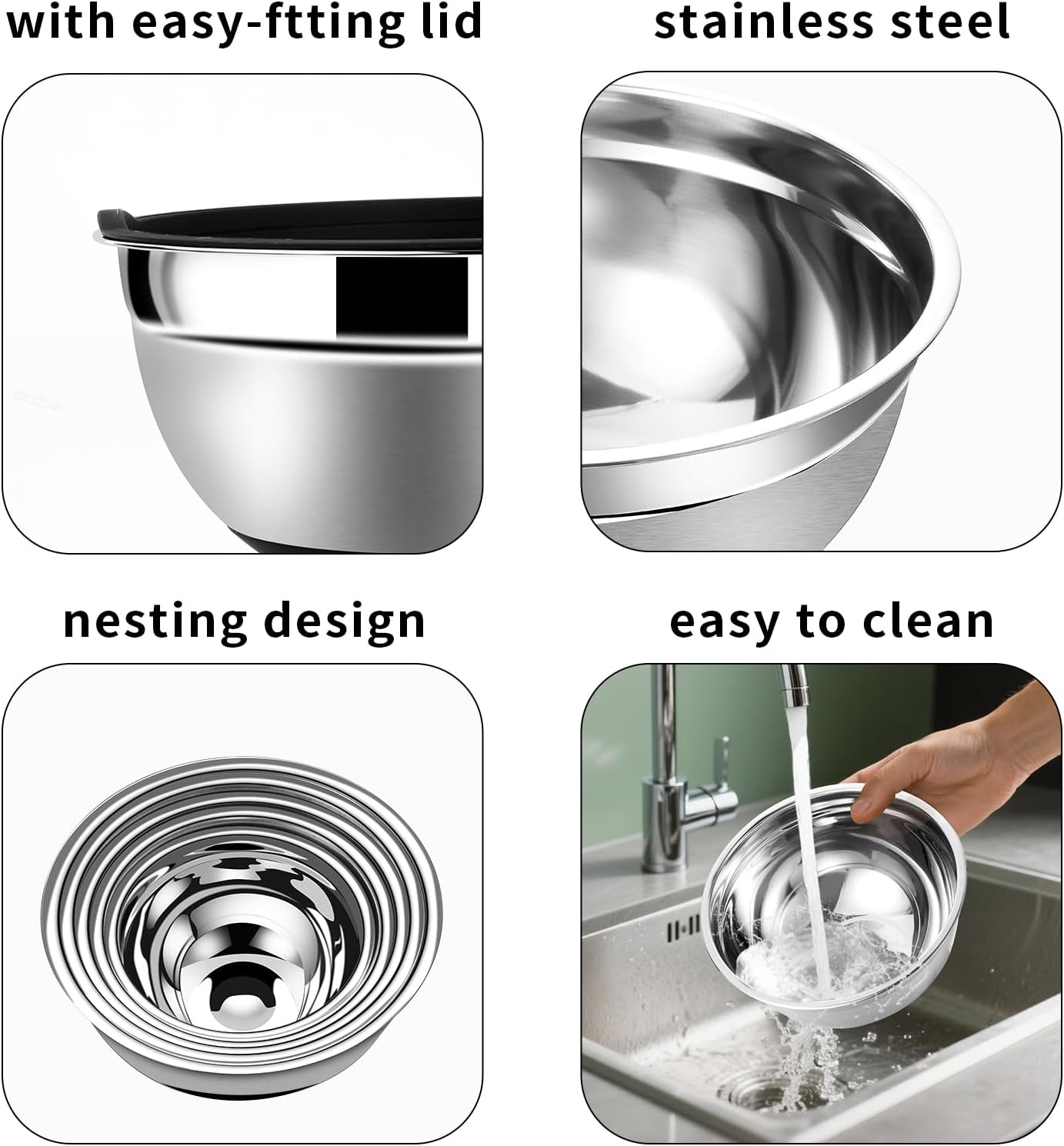 Lazycorner Mixing Bowls with Airtight Lids Set 5 Pcs Stainless Steel Bowls Set Baking Set Non-Slip Silicone Bottoms Great for Serving & Baking