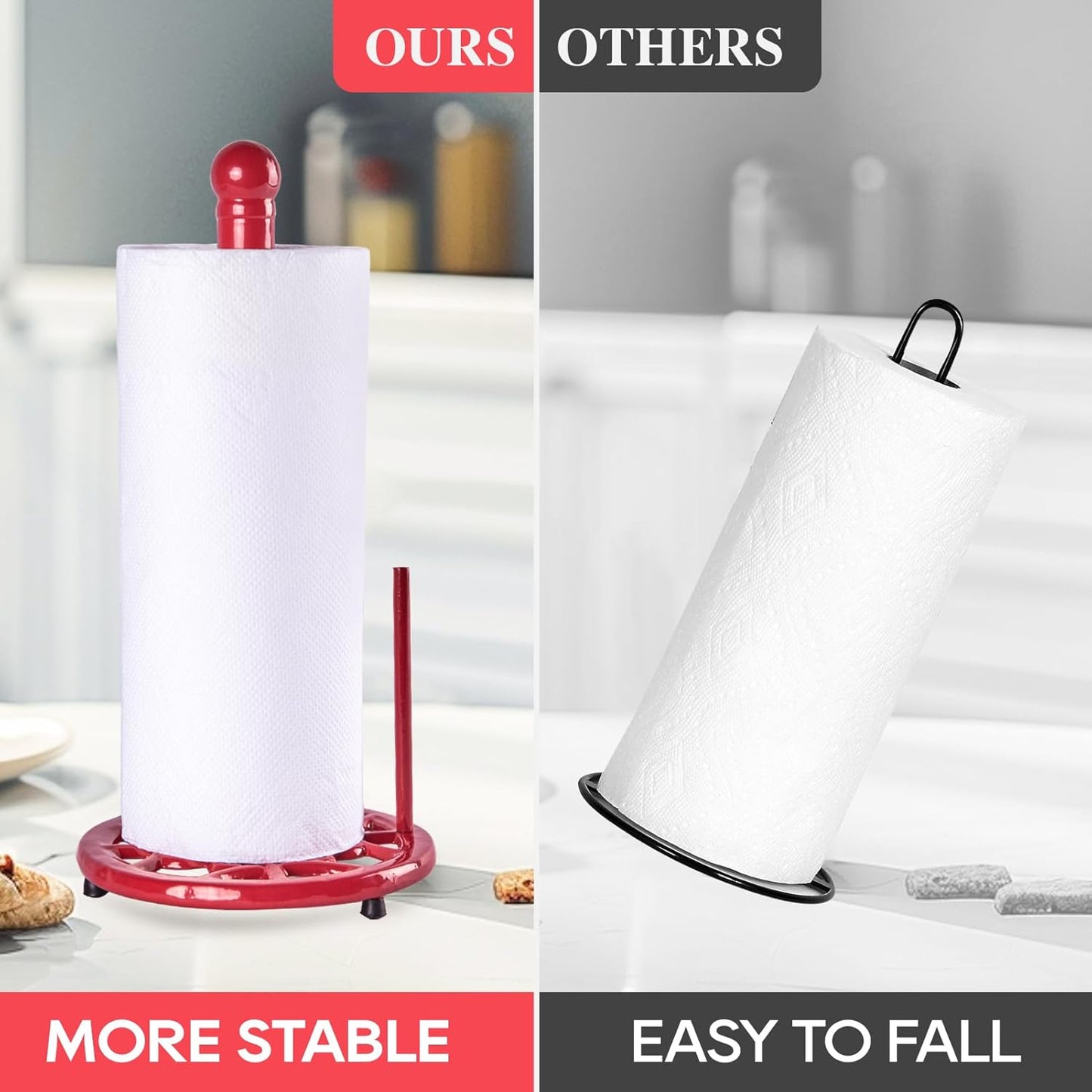 JOGREFUL Paper Towel Holder Stand, Cast Iron Kitchen Paper Towel Countertop Vintage Stand with Weighted-Base, Bathroom Organization for Family Standard Large Size Roll Paper, Classic Style, Red