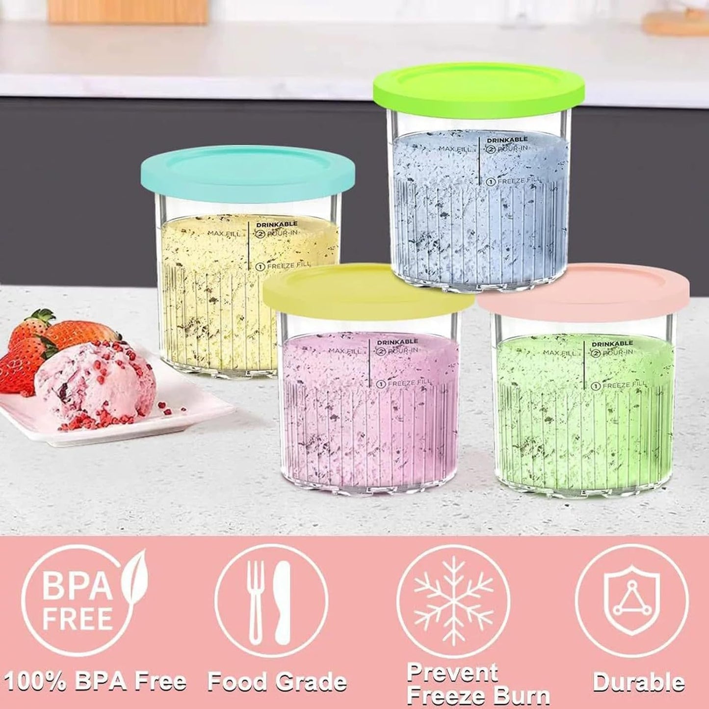 4 Pack Creami Deluxe Pints and Lids,Extra Delux Pint Containers Compatible with Ninja Creamy NC500, NC501, CN501CO Series Ice Cream Machines, 24 OZ Creami Deluxe