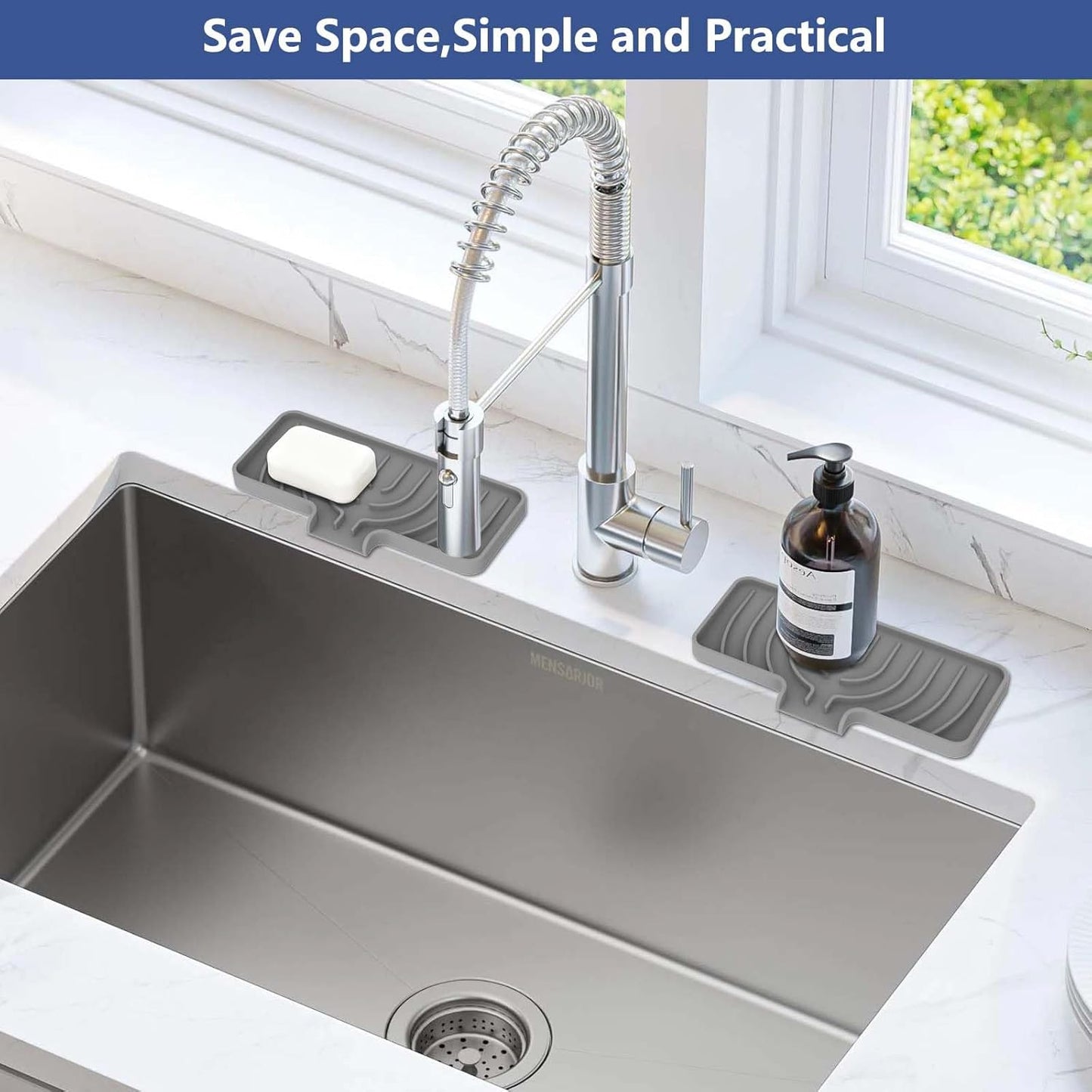 Silicone Sponge Holder for Kitchen Sink With Drain Spout, (Gray, 10×4) Self Draining, Kitchen Soap Tray, Bathroom Organizer, Sink Caddy, Perfect for Dispenser, Scrubber, Bottle, Cup on Counter