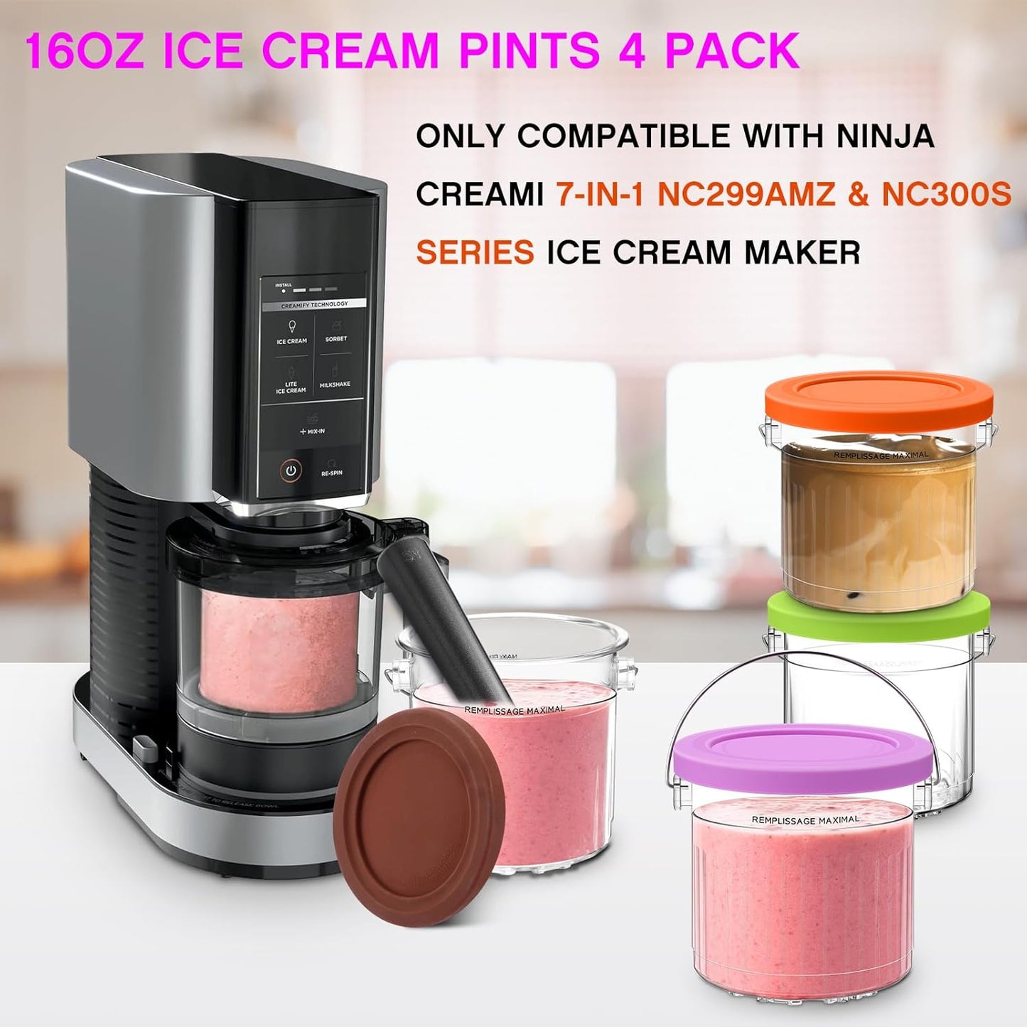 For Ninja Creami Pints and Lids 4 Pack 16oz,Compatible with Ninia 7-in-1 NC299AMZ & NC300s Series Creamy lce Cream Maker,BPA-Free&Dishwasher Safe