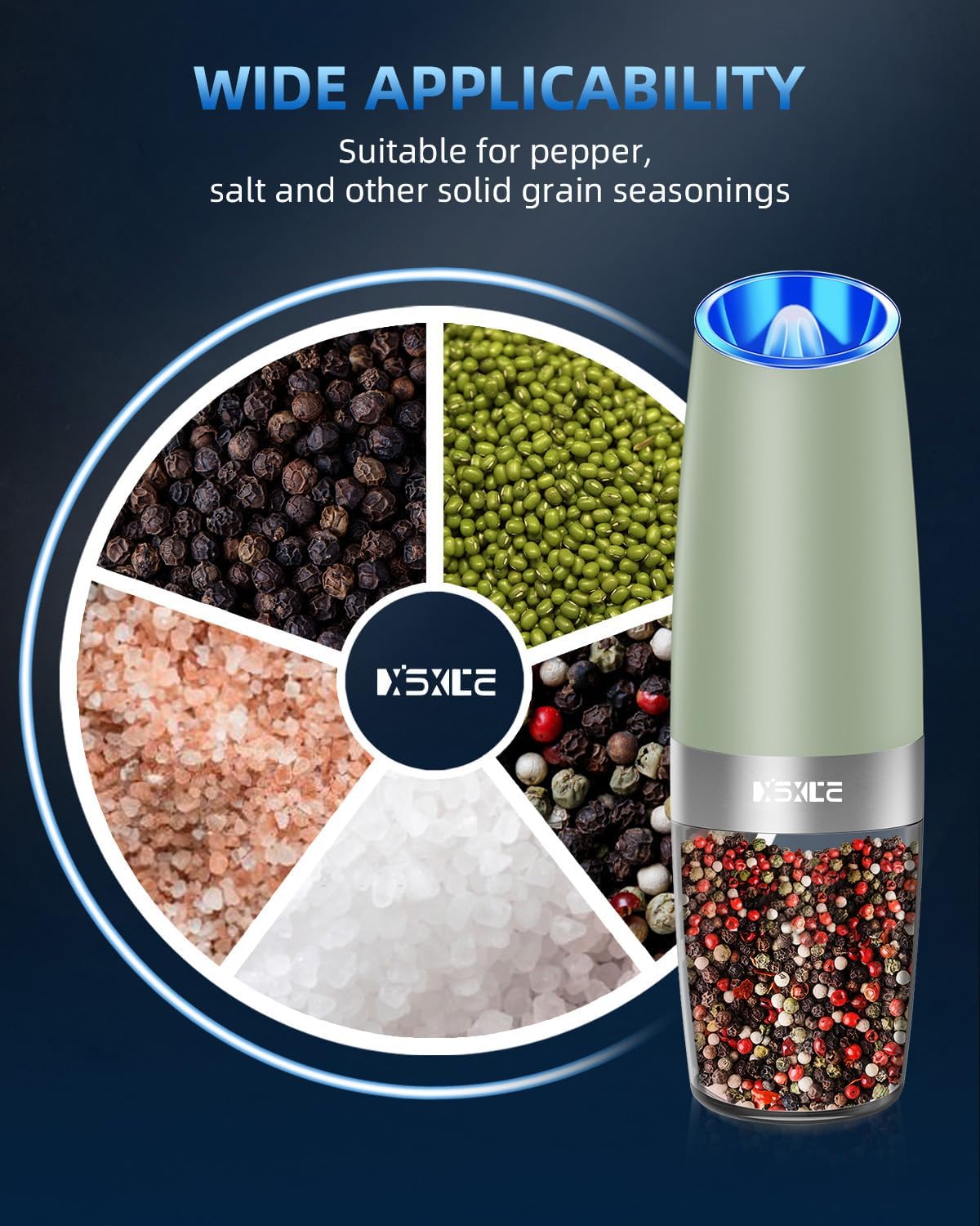 XinXu Gravity Automatic Electric Pepper and Salt Grinder, Auto Salt or Pepper Mill Shaker Stainless Steel,Blue LED Light,One Hand Operated, (Set/Light Green)
