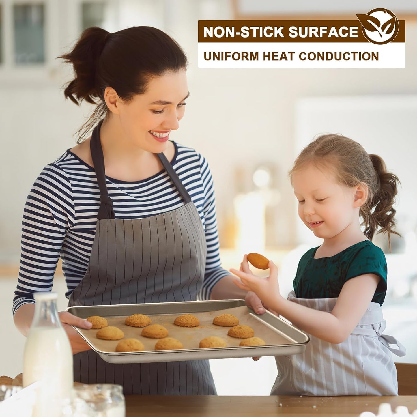Baking Sheet Pan Set of 2, Commercial Cookie Sheets for Baking, Nonstick Carbon Steel Baking Tray Quarter Sheet Jelly Roll Pan, 9x13in, 10x15in, Heavy Duty & Easy Clean