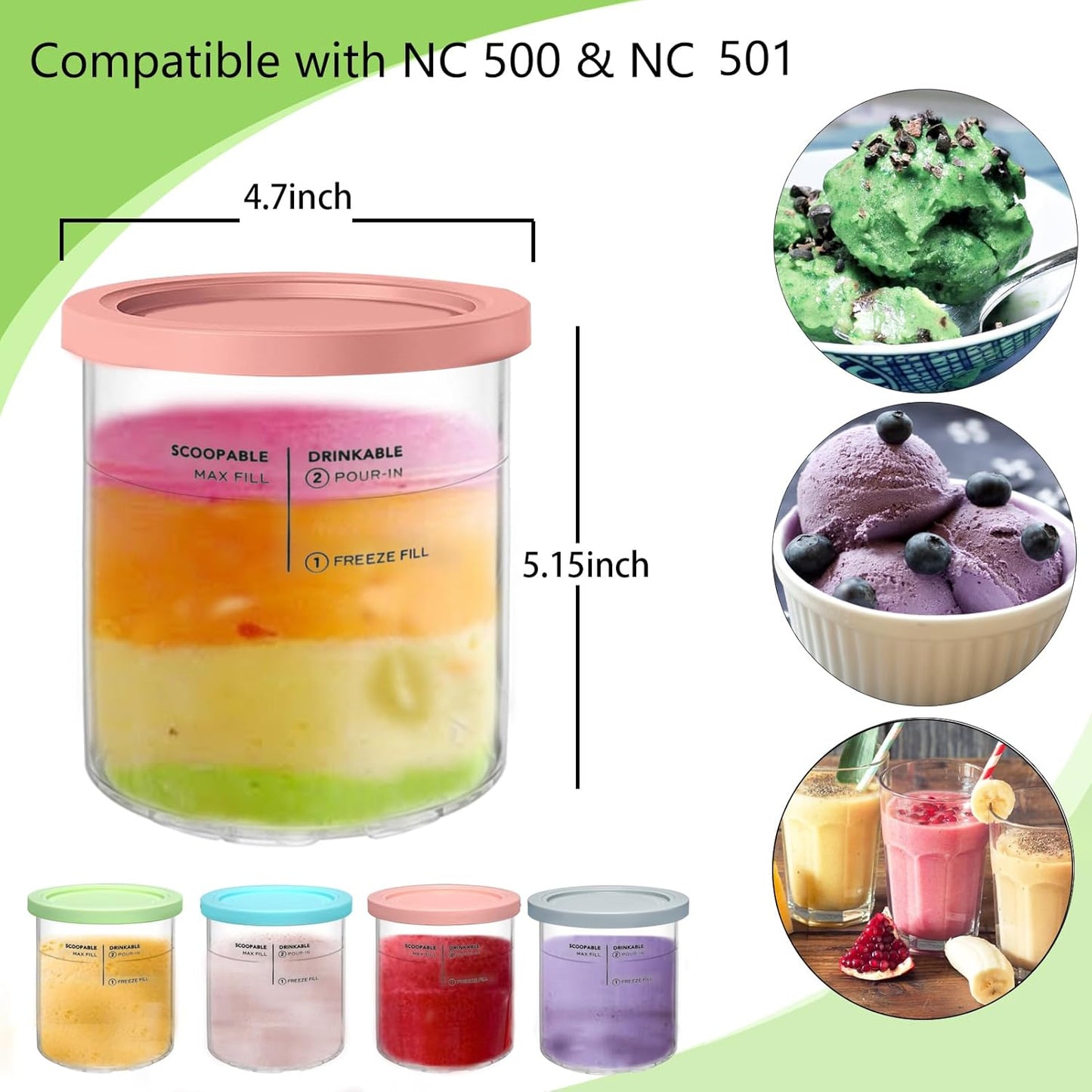 Replacement for Creami Deluxe Pints and Lids 4 Pack,Compatible with Ninja Creami 11-in-1 NC501 NC500 Series Deluxe Ice Cream Maker,24oz Deluxe XL Cups(Blue,Pink,Grey,Green)