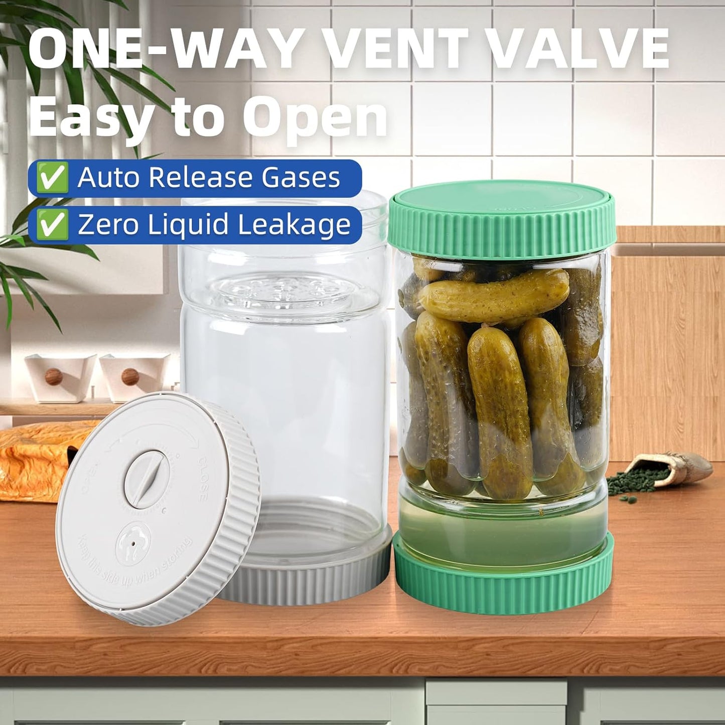 Pickle Jar with Strainer Flip Glass 40oz BPA-Free Airtight Pickles Juice Separator for Olive Jalapeno, Food Storage Containers with Lids for Pickles Lover, Grey