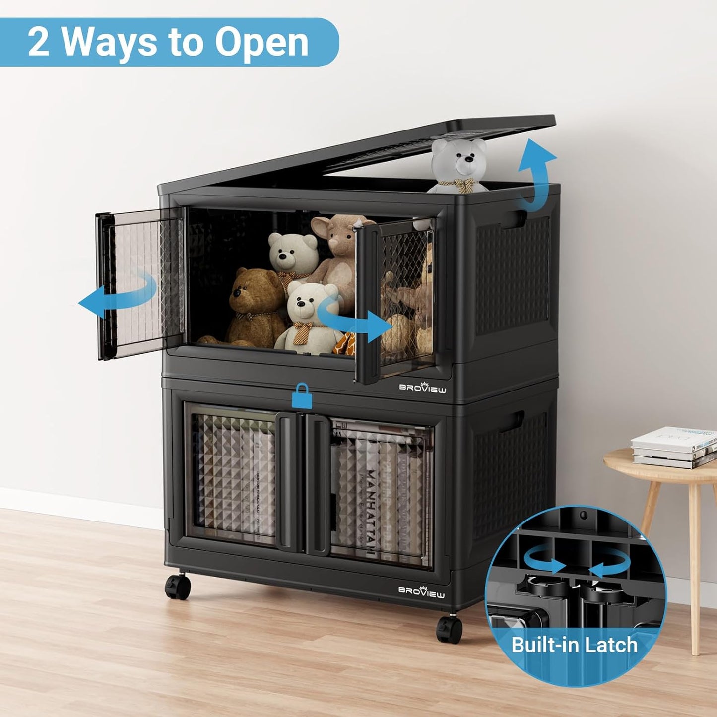 400Qt Stackable Storage Bins with Lids, 100Gal Closet Organizers and Storage Drawer, Plastic Collapsible Storage Bins with Doors, Heavy Duty Store Box Cabinet for Home Office, 4Pack Black