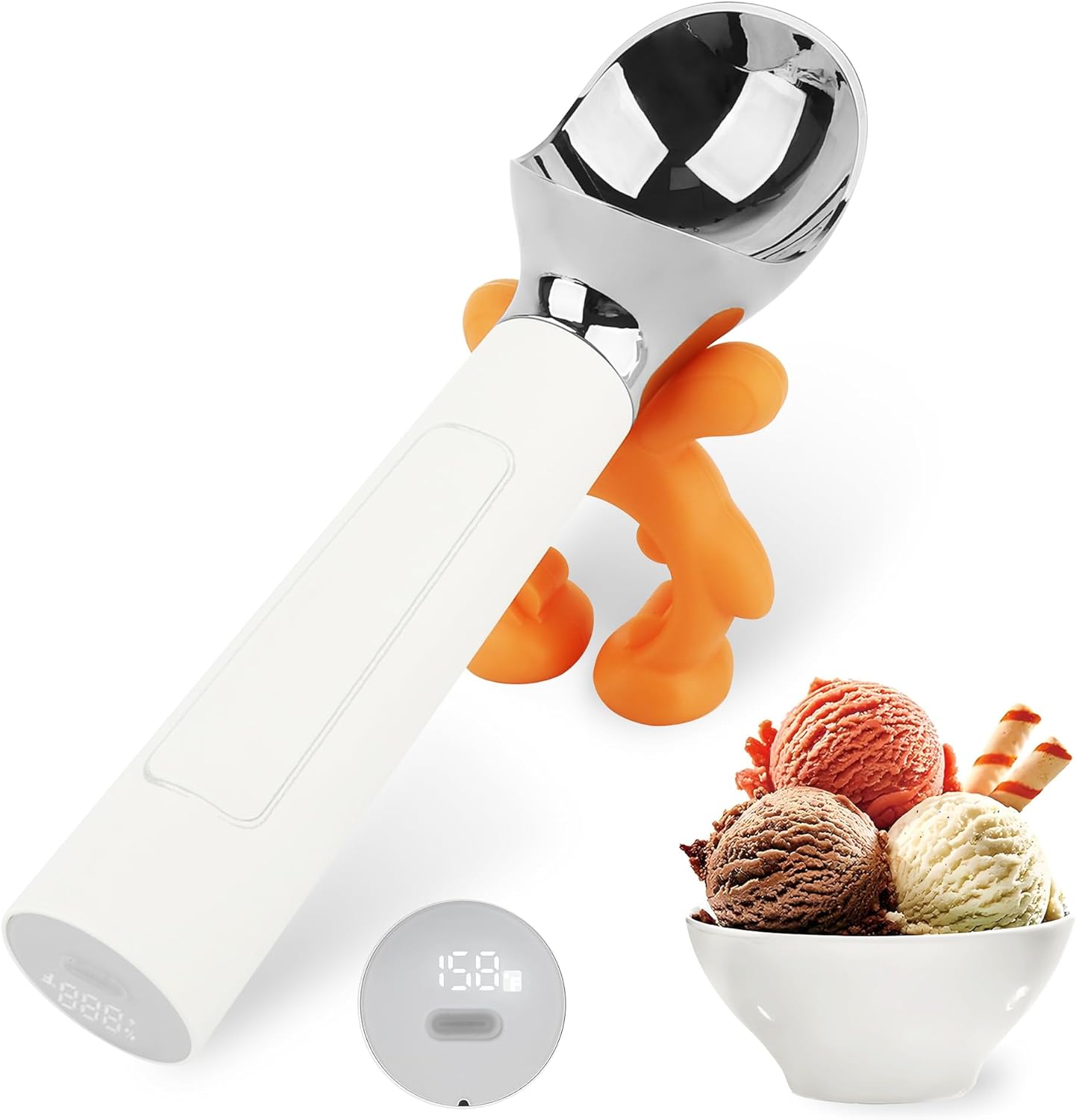 NEWEST Heated Ice Cream Scoop, Rechargeable Electric Warming Scooper with LED Display, Heats to 158°F for Hard Ice Cream, IP67 Waterproof, Easy for Seniors & Kids (White)