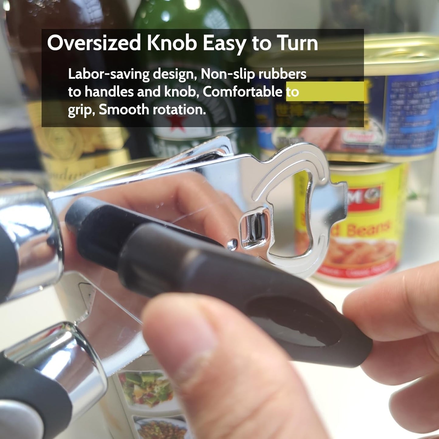 2 Pack Magnetic Manual Can Openers, with Stainless Steel Heavy Duty,Oversized Easy Turn Knob,Soft Grip Handles,Smooth Edge Safety Cut Sharp Blade (Black)